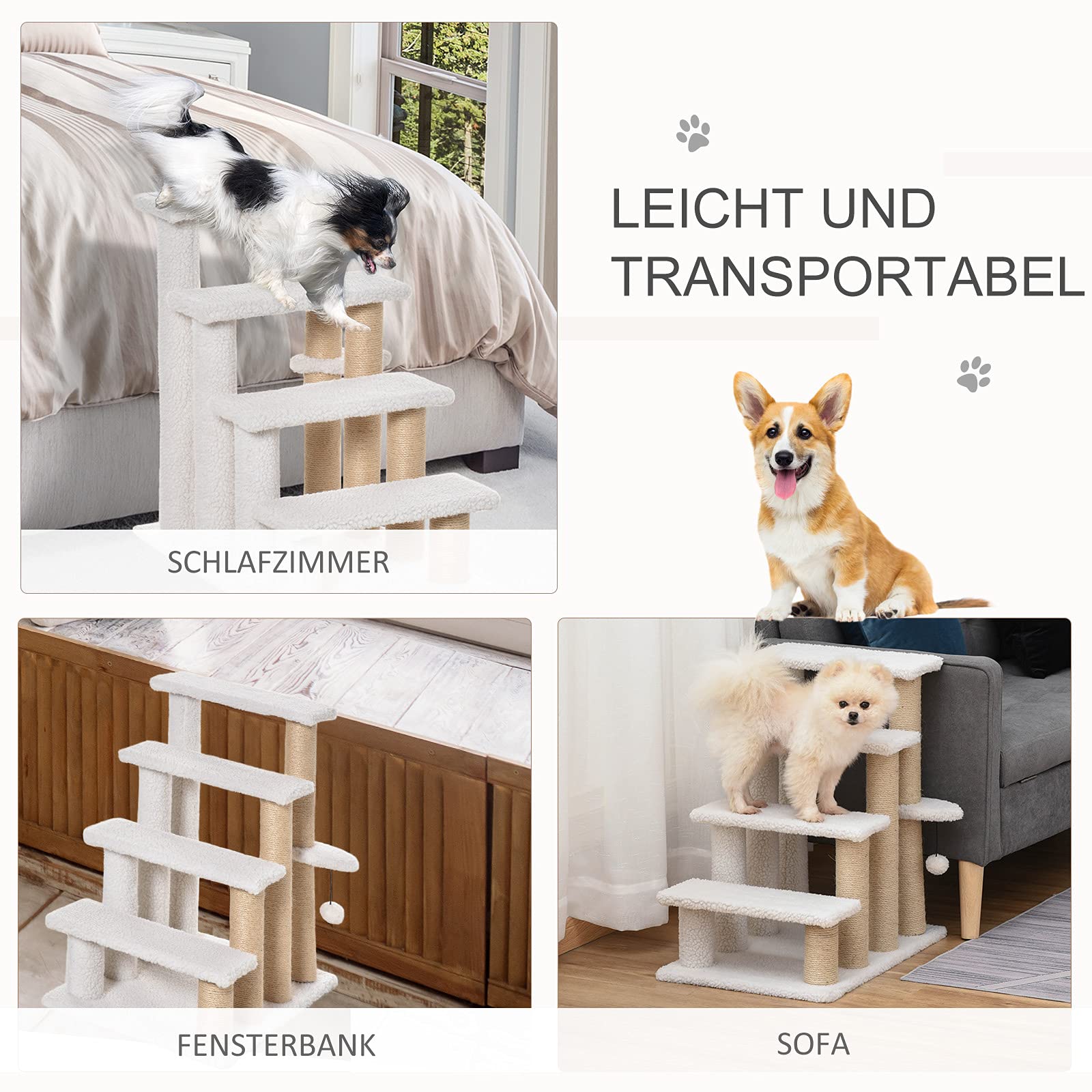 Pawhut Pet Stairs With Scratching Post Ball 4-Step Cat Stairs Dog Stairs Chipboard Plush Jute White 60 X 40 X 64 Cm