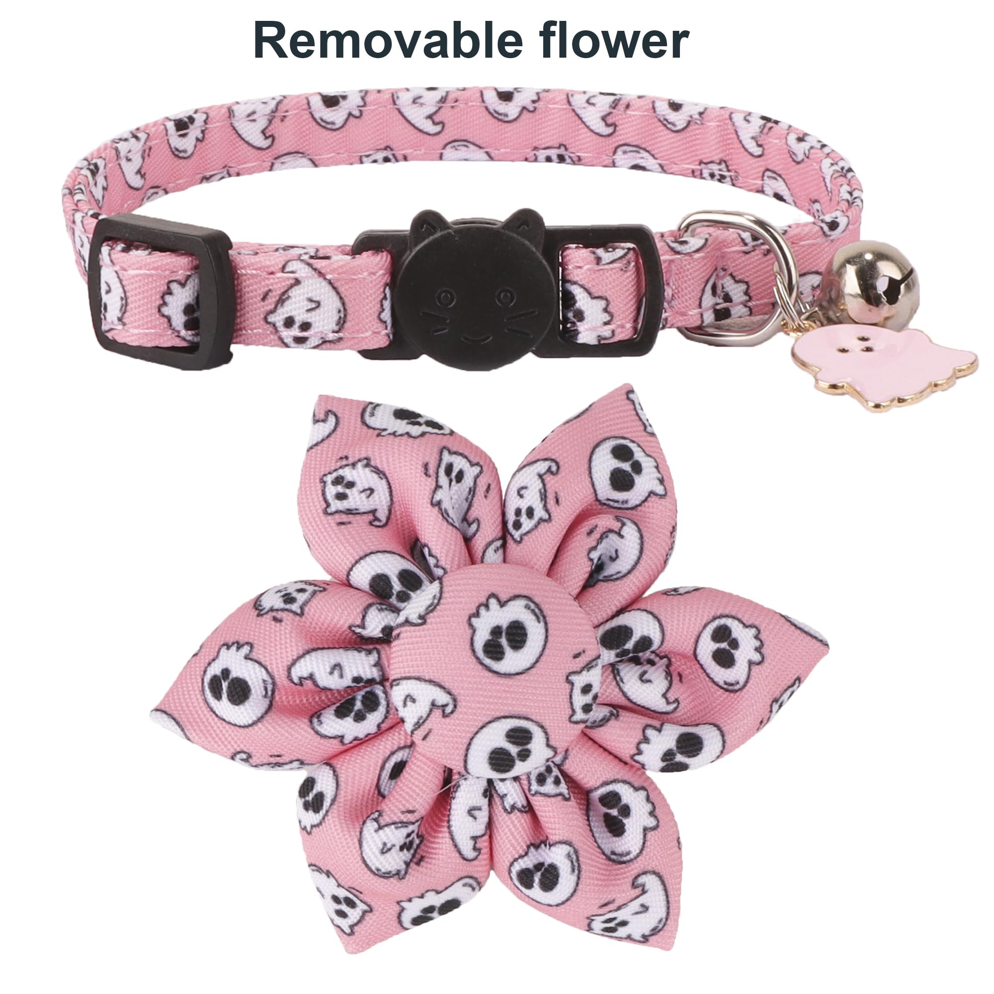 Adoggygo Halloween Cat Collar With Floral, 2 Pack Halloween Kitten Flower Collar, Pink Ghost Pumpkin Collars For Cats Kittens