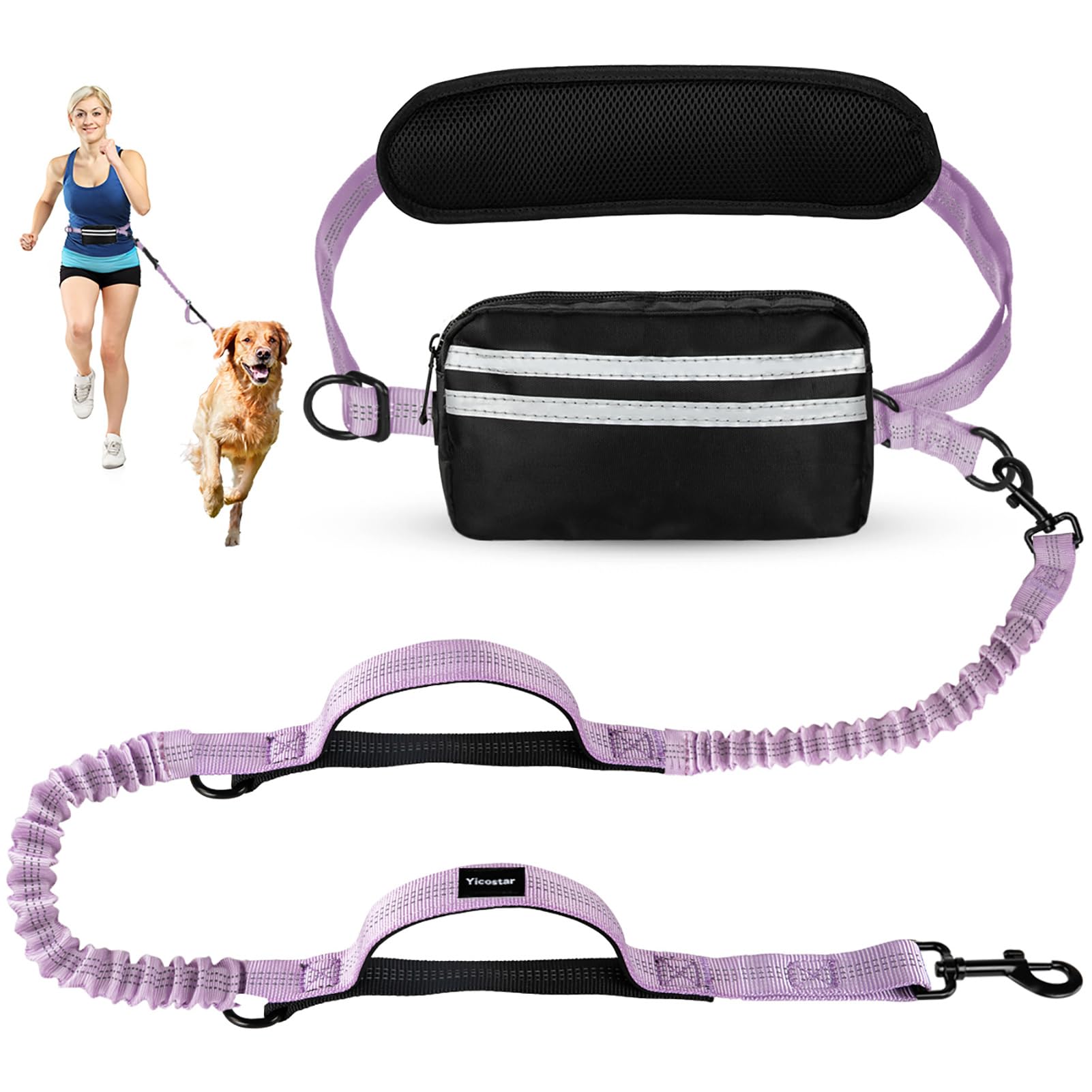 Yicostar Hands Free Dog Leash, Adjustable Waist Belt With Double Padded Handles,Retractable Bungee, Waist Leash For Dog Walking,