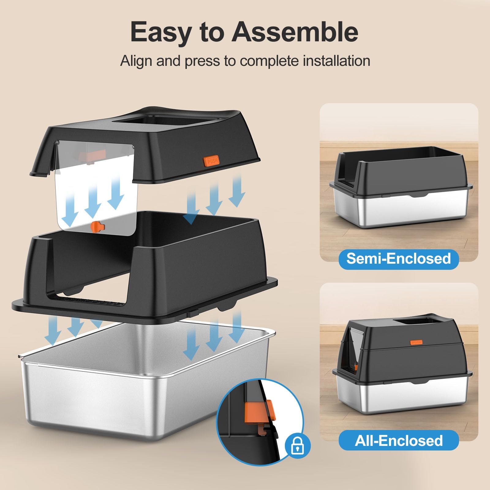 Stainless Steel Litter Box With Lid,Front Entry Top Exit Kitty Litterbox,Extra Large Enclosed Metal Cat Box With Litter Scoop &