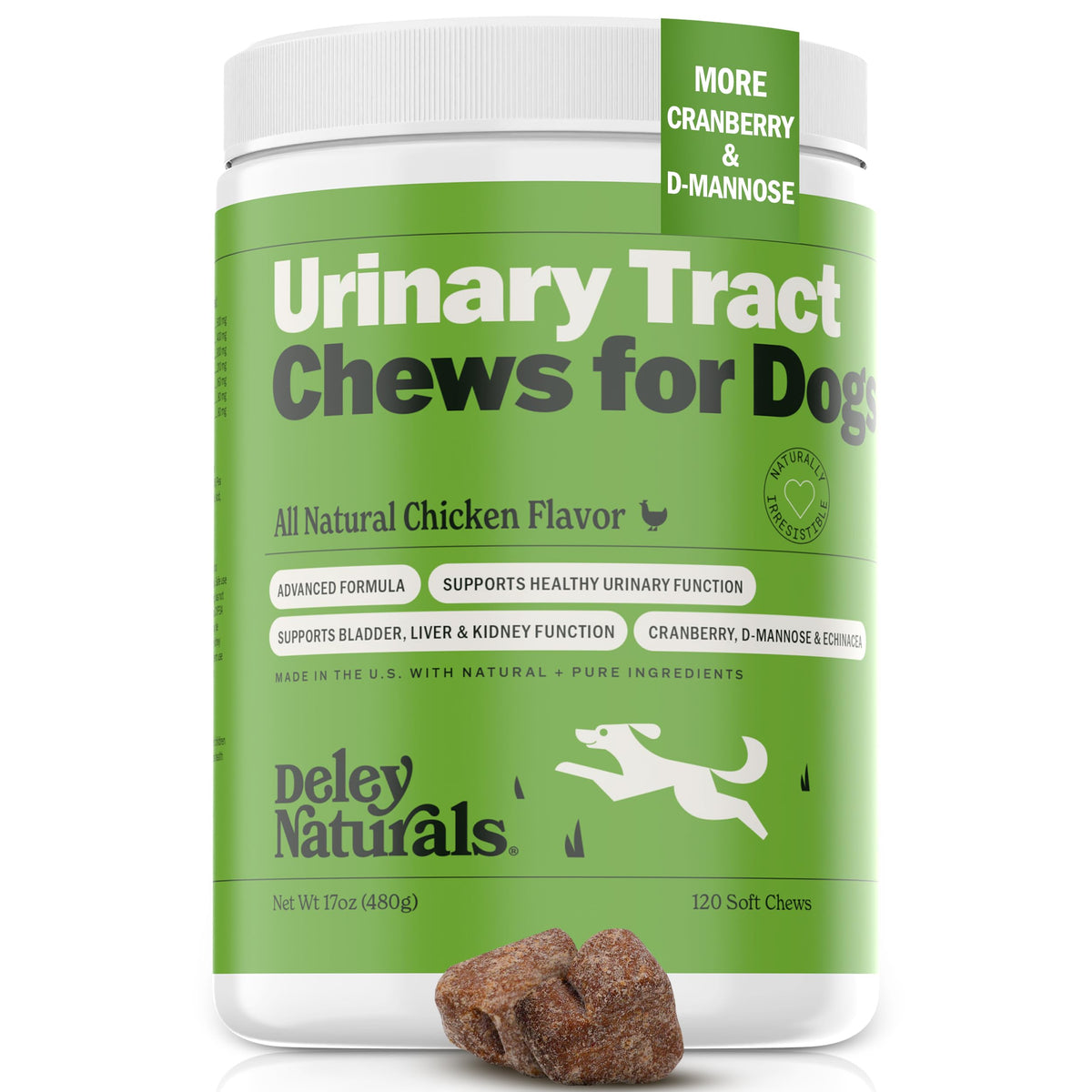 Deley Naturals Dog Uti Prevention - 120 Grain Free Soft Chews - Incontinence, Bladder, Kidney & Immune System Support - Cranberry Pills - D-Mannose & Echinacea - Made In Usa - Natural Chicken Flavor