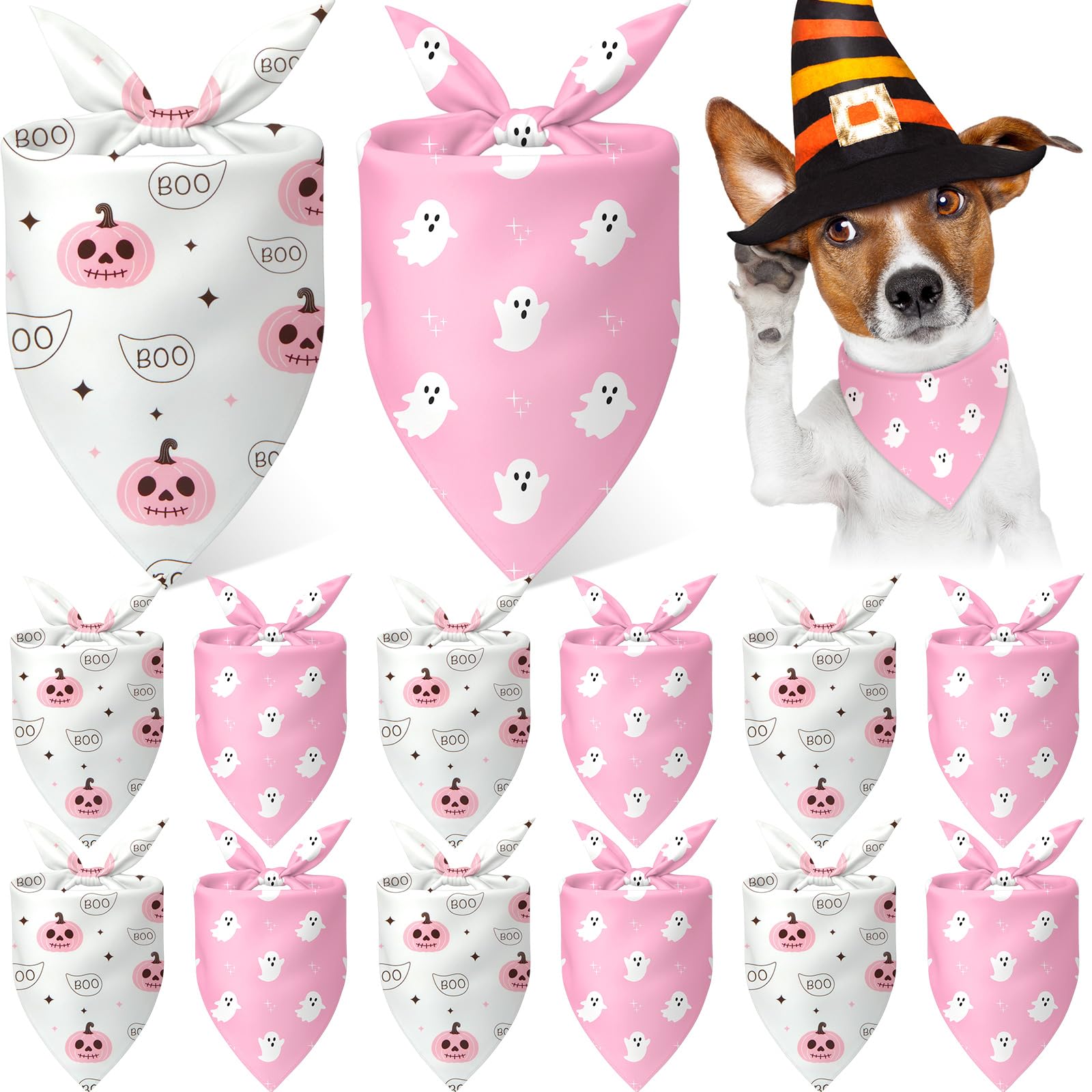 Weewooday 12 Pieces Pink Halloween Dog Bandanas Pumpkin and Ghost Bandanas for Dogs Triangle Kerchief Scarf Bibs for Small Mediu