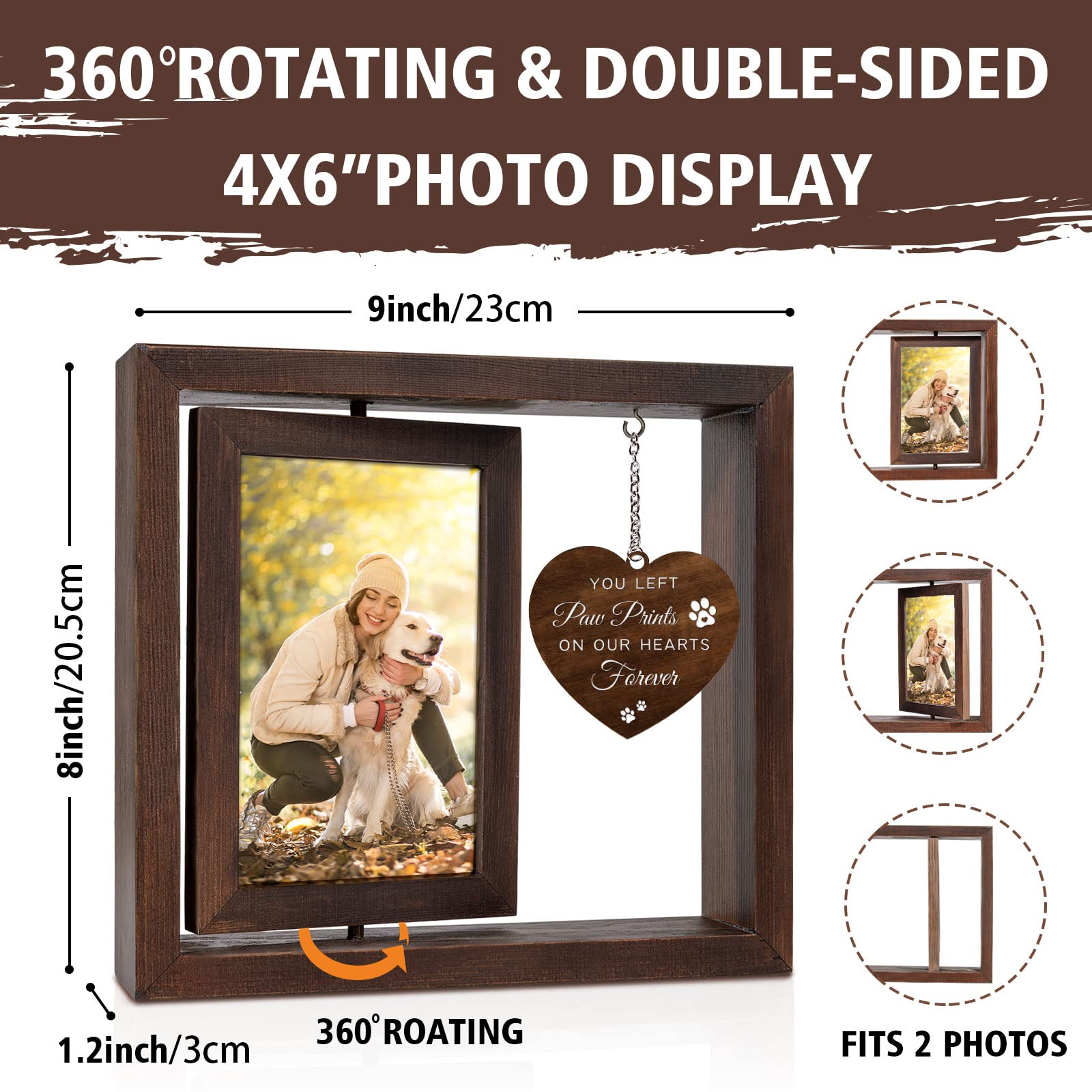 Jigfoxy Dog Memorial Gifts For Loss Of Dog - Rotating Wooden Picture Frame For 4X6 Photo - Pet Memorial Gifts For Dog Cat - Dog