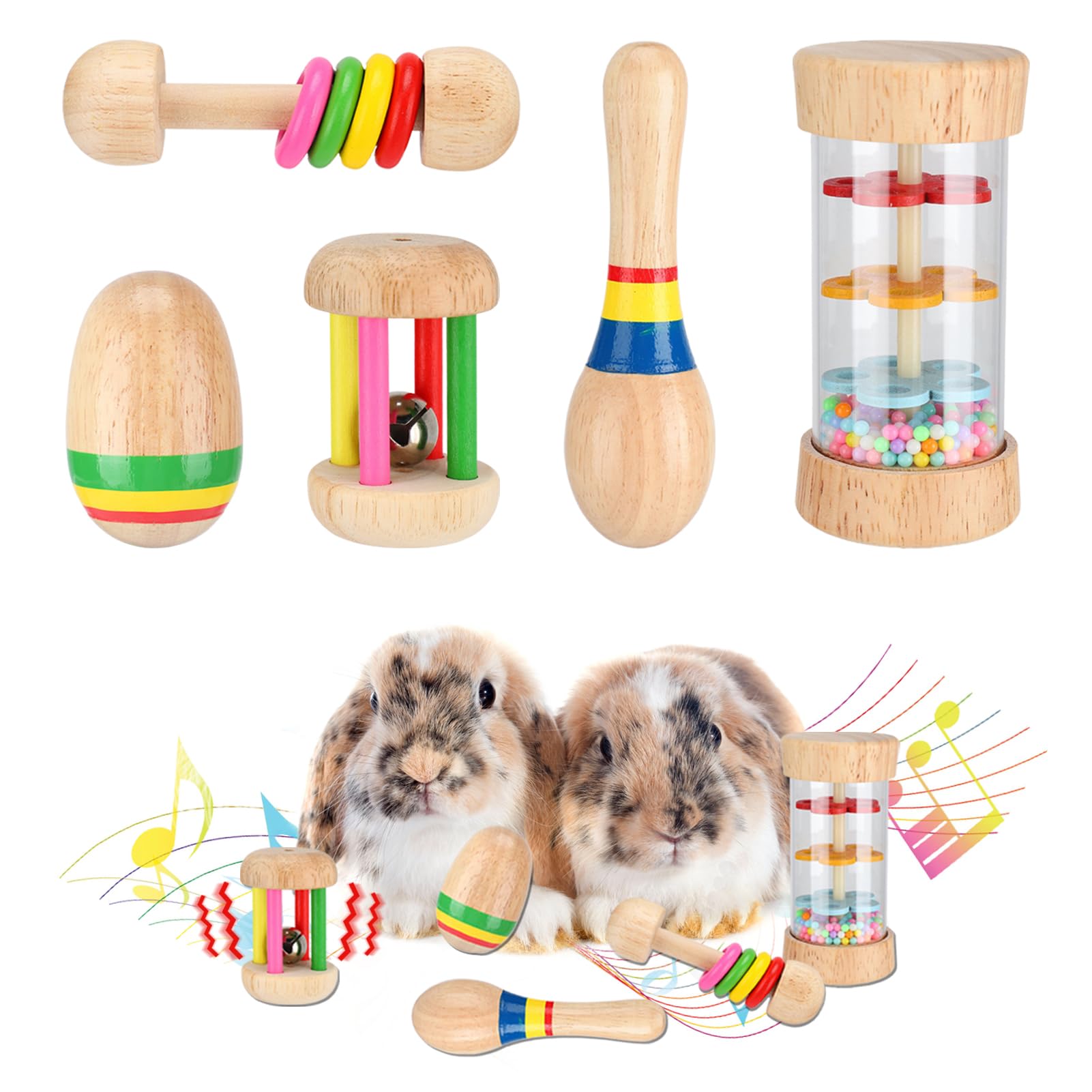 MEWTOGO 5 Pcs Wooden Bunny Toys - Safe Rabbit Toys, Multi-Colored Bite-Resistant Guinea Pigs Toys for Chinchillas Hamsters Small
