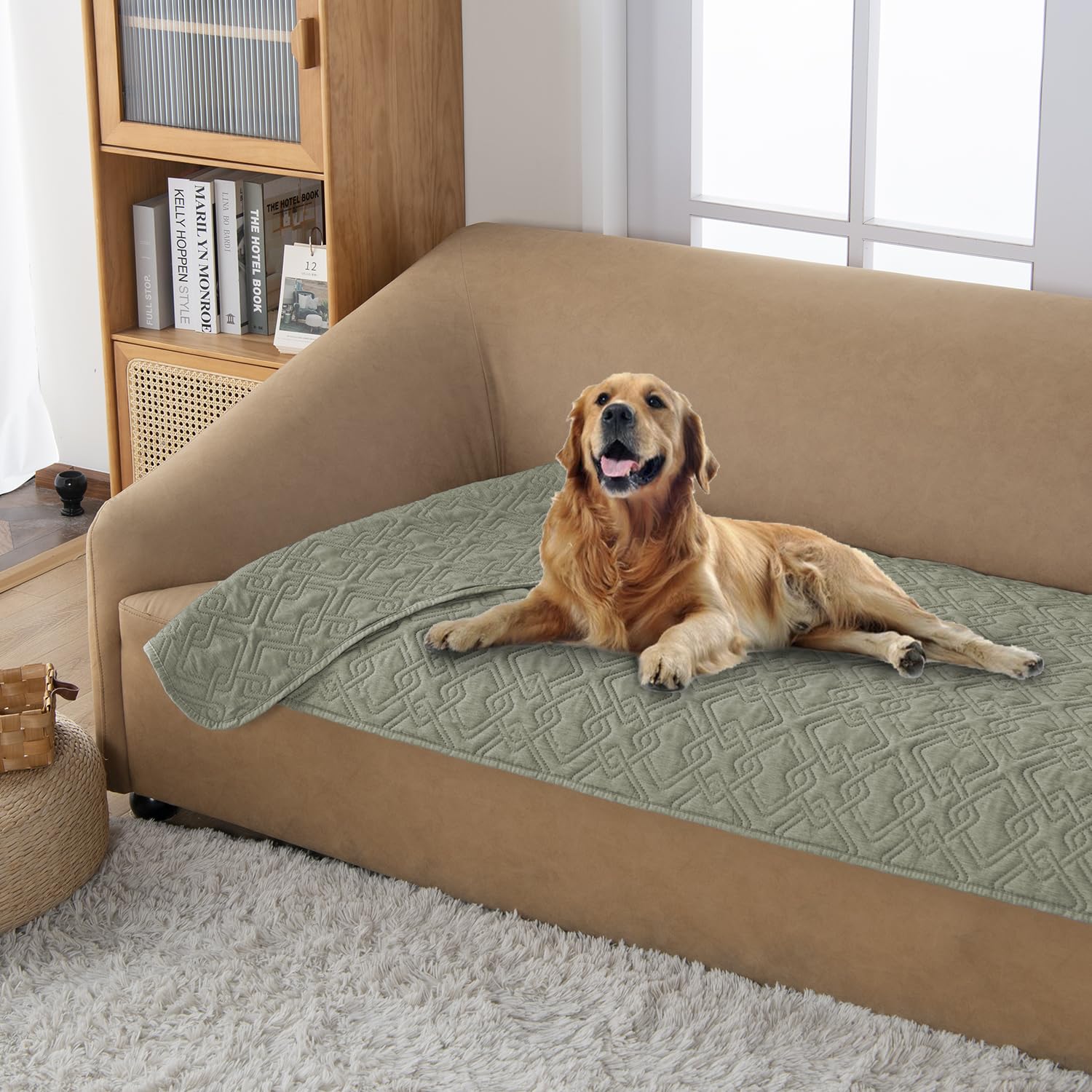 Fuguitex Waterproof Dog Bed Cover Dog Blanket For Pet Furniture Bed Couch Sofa Reversible Linen Texture(30''*53'',Pea Green+Pea 