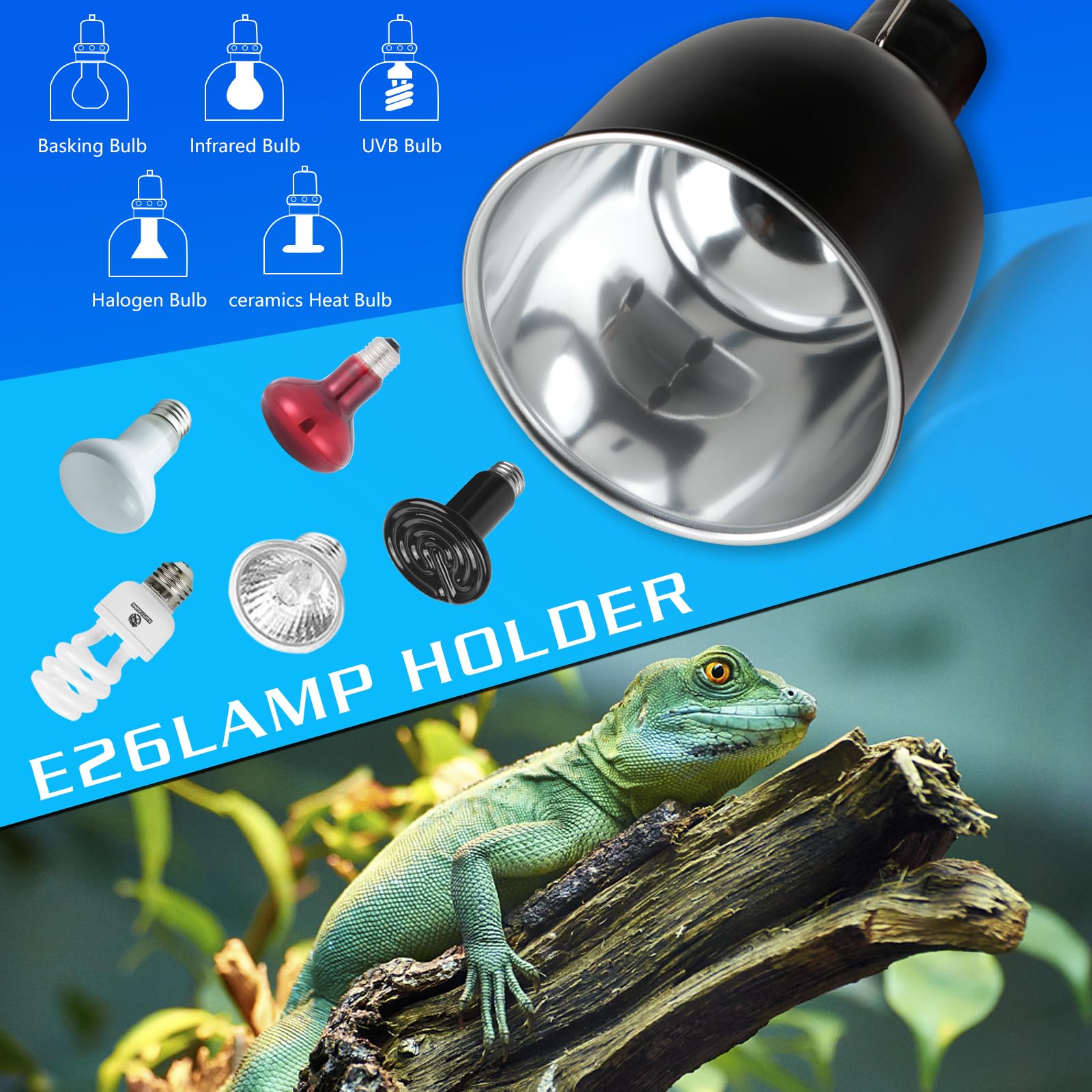Repti Home Reptile Light Fixture, 5.5 Inch Optical Reflection Shallow Dome Heat Lamp Fixture, Uvb Heat Basking Lamp Fixture For