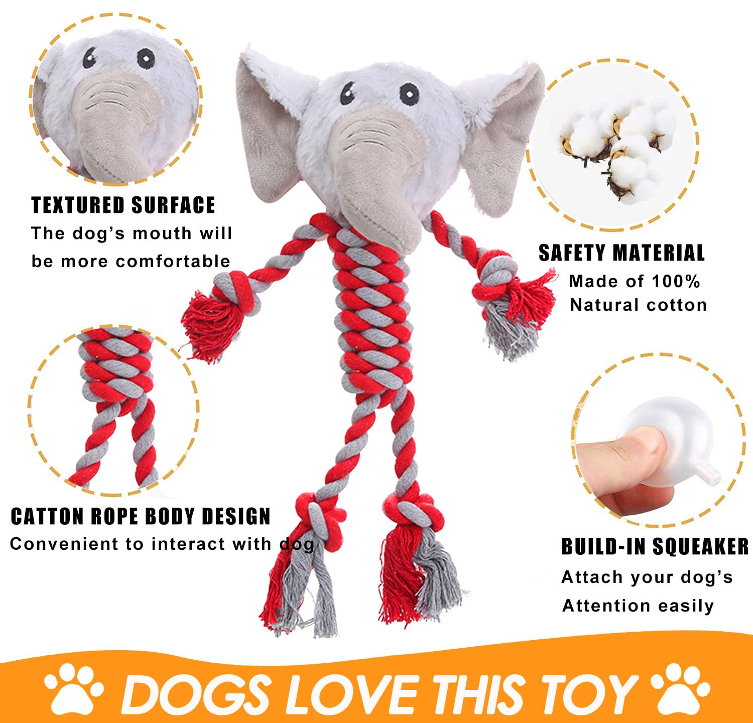 HUGEME Rope Dog Toys - Interactive Plush Squeaky Tug of War for Small to Large Dogs - Grey and Red, Model HDR2P2105