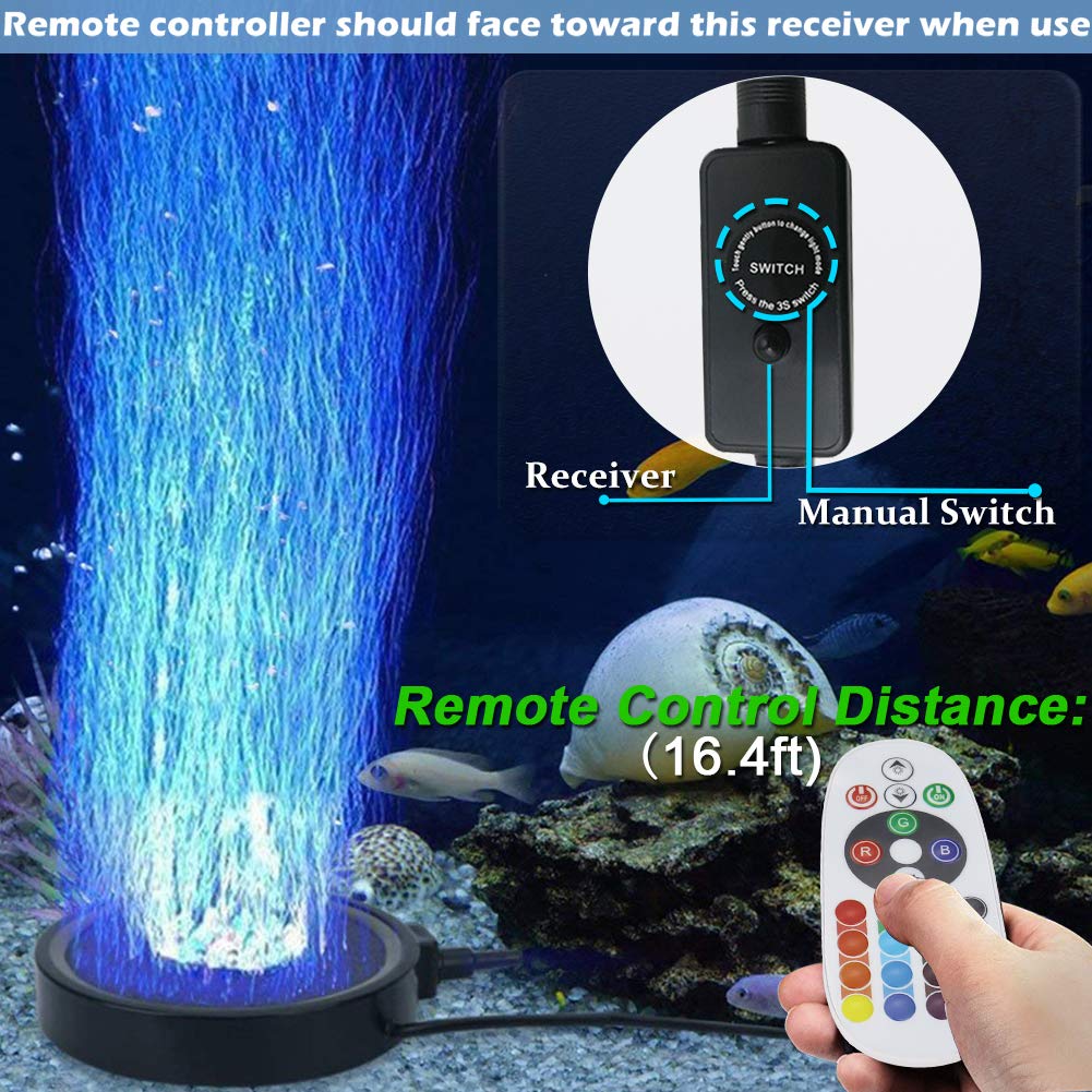 Topbry Aquarium Bubble Led Lights Rgbw, Remote Controlled Air Stone Disk, With 16 Color Changing, 4 Lighting Effects For Fish Ta