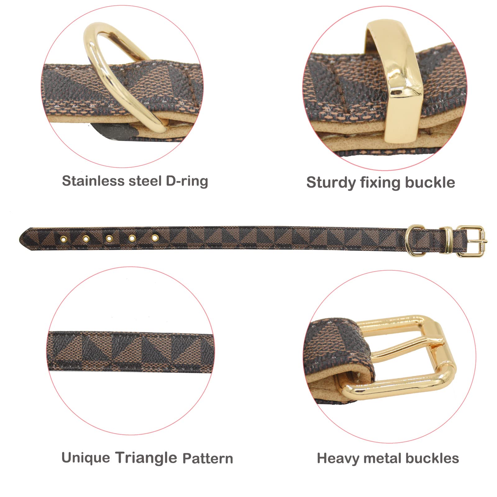 Leather Dog Collar And Leash Set, Check Pattern Dog Collar Leashes Metal Buckle Adjustable Durable For Small Medium Large Dogs (