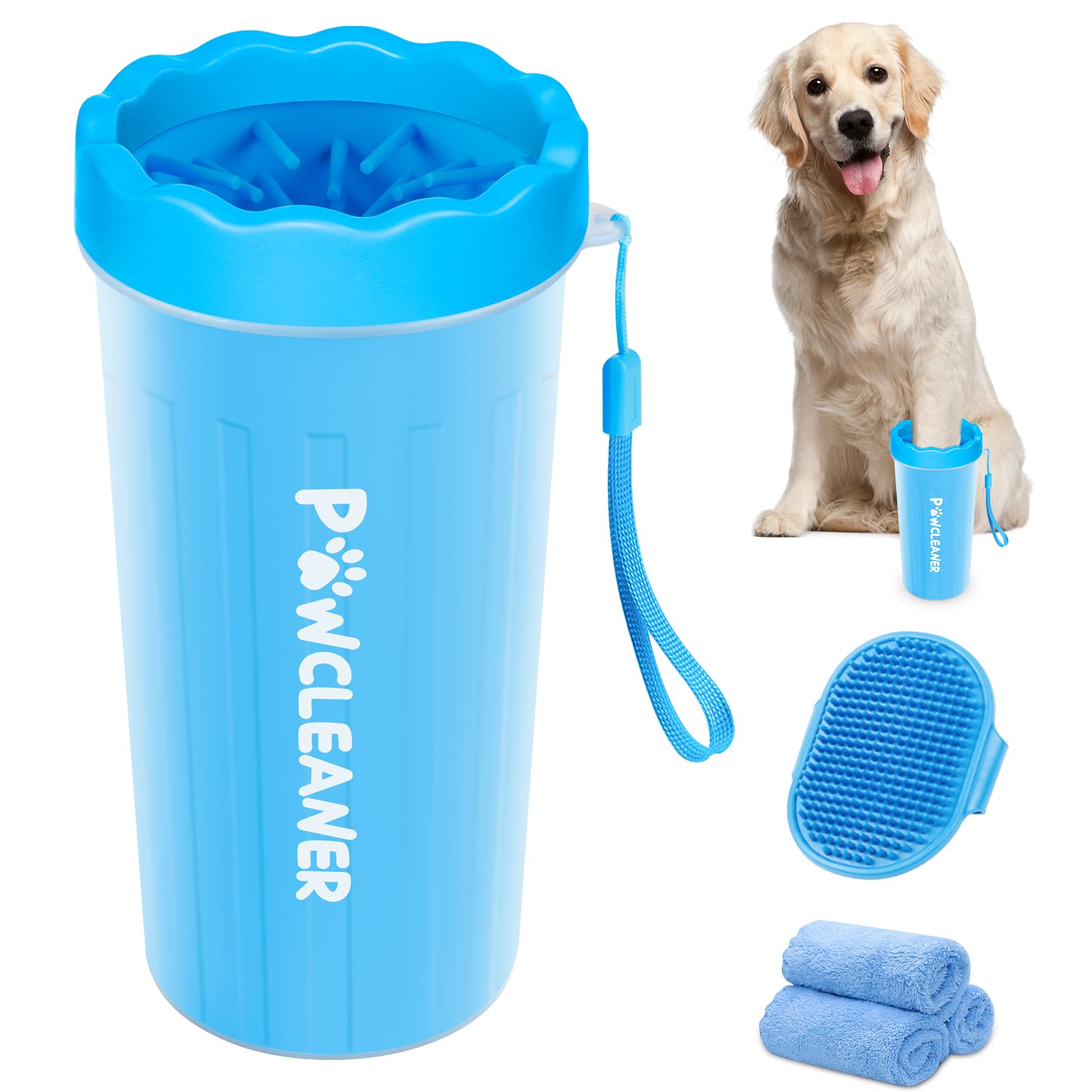 Comotech Dog Paw Cleaner With Bath Brush & Absorbent Towels - Adjustable Ring Handle For Long And Short-Haired Dogs (Large, Blue)