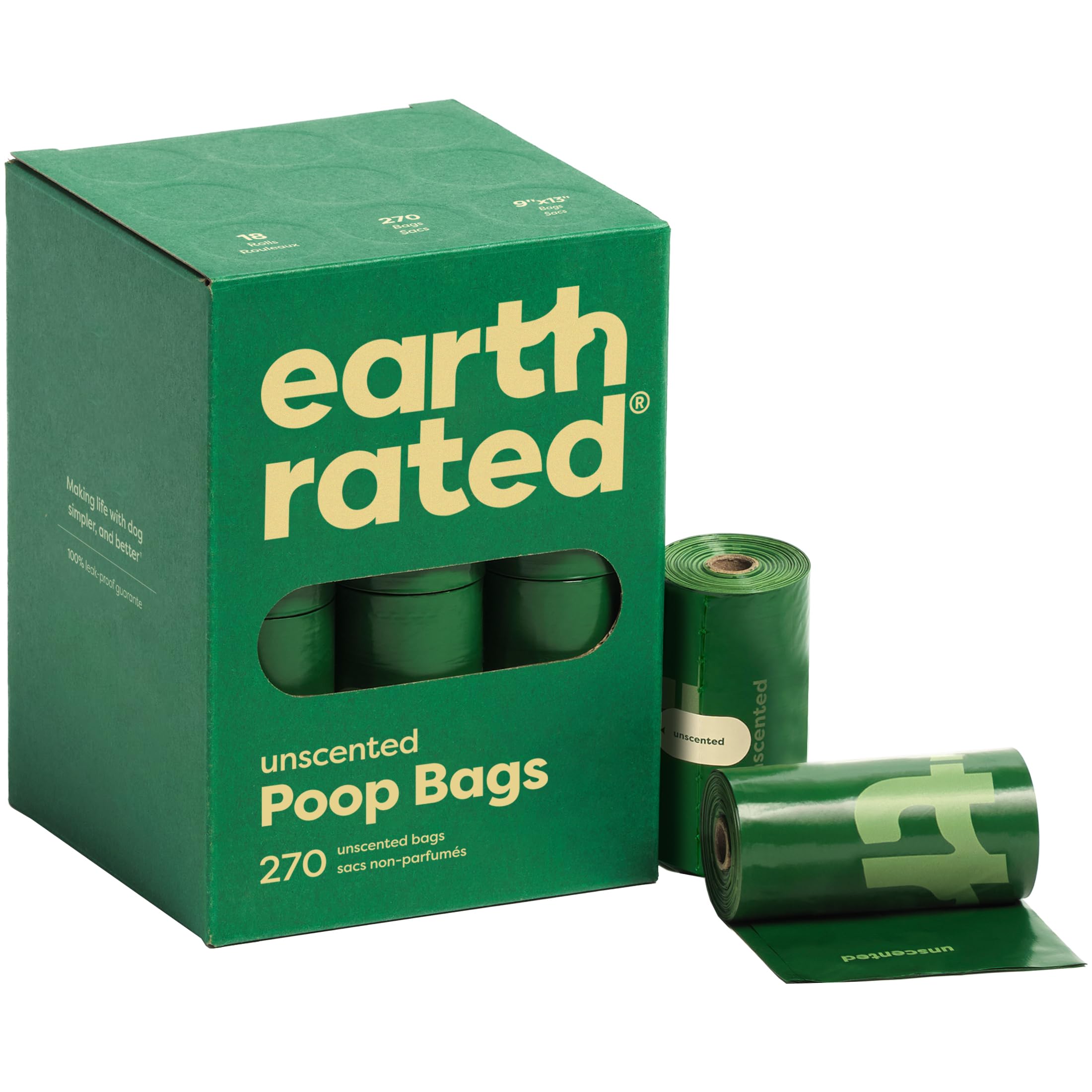 Earth Rated Poop Bags For Dogs, Guaranteed Leak Proof And Extra Thick Waste Bag Refill Rolls, Unscented, 270 Count