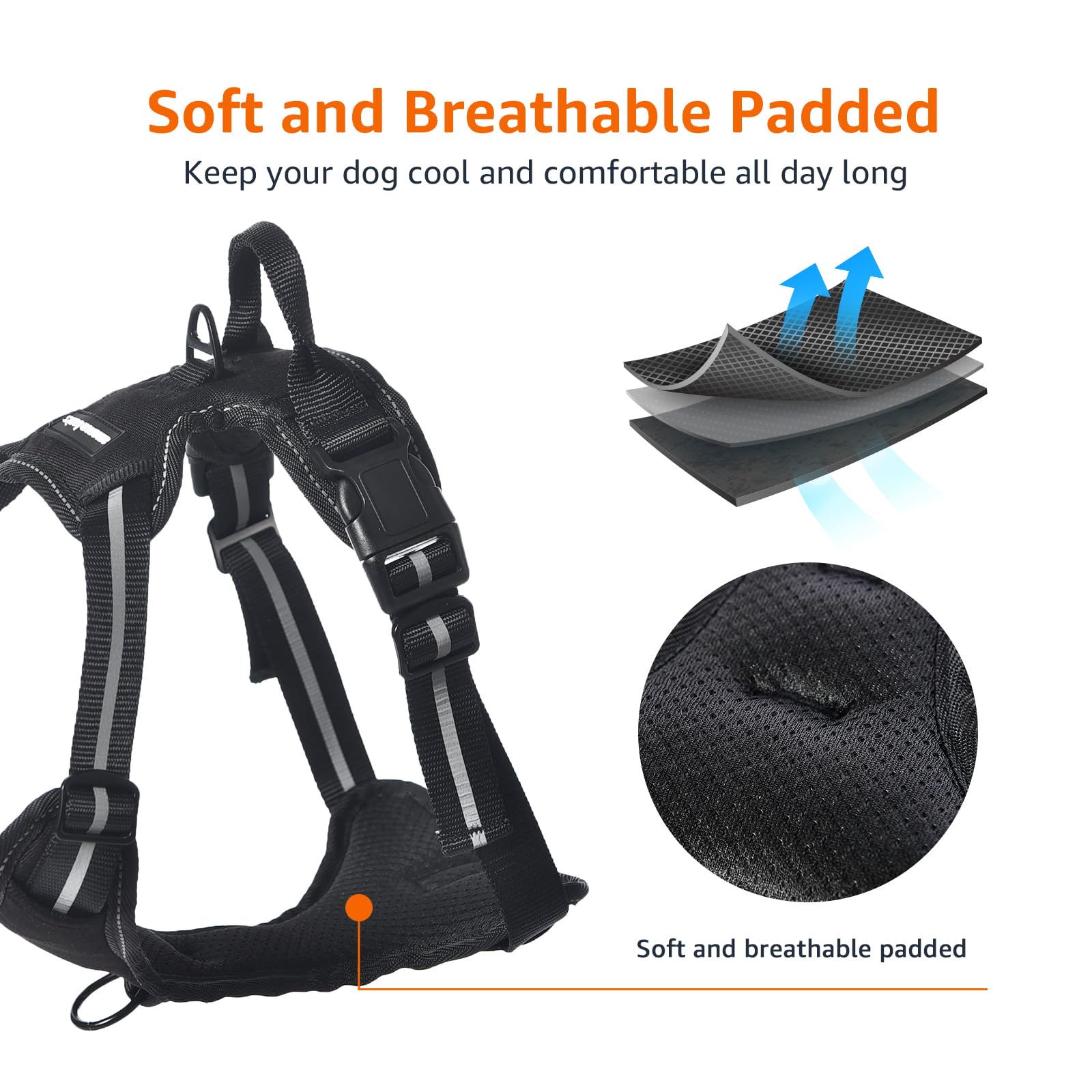 Amazon Basics No-Pull Dog Harness, Adjustable Soft Padded Vest With Reflective Stripes, Medium, Black