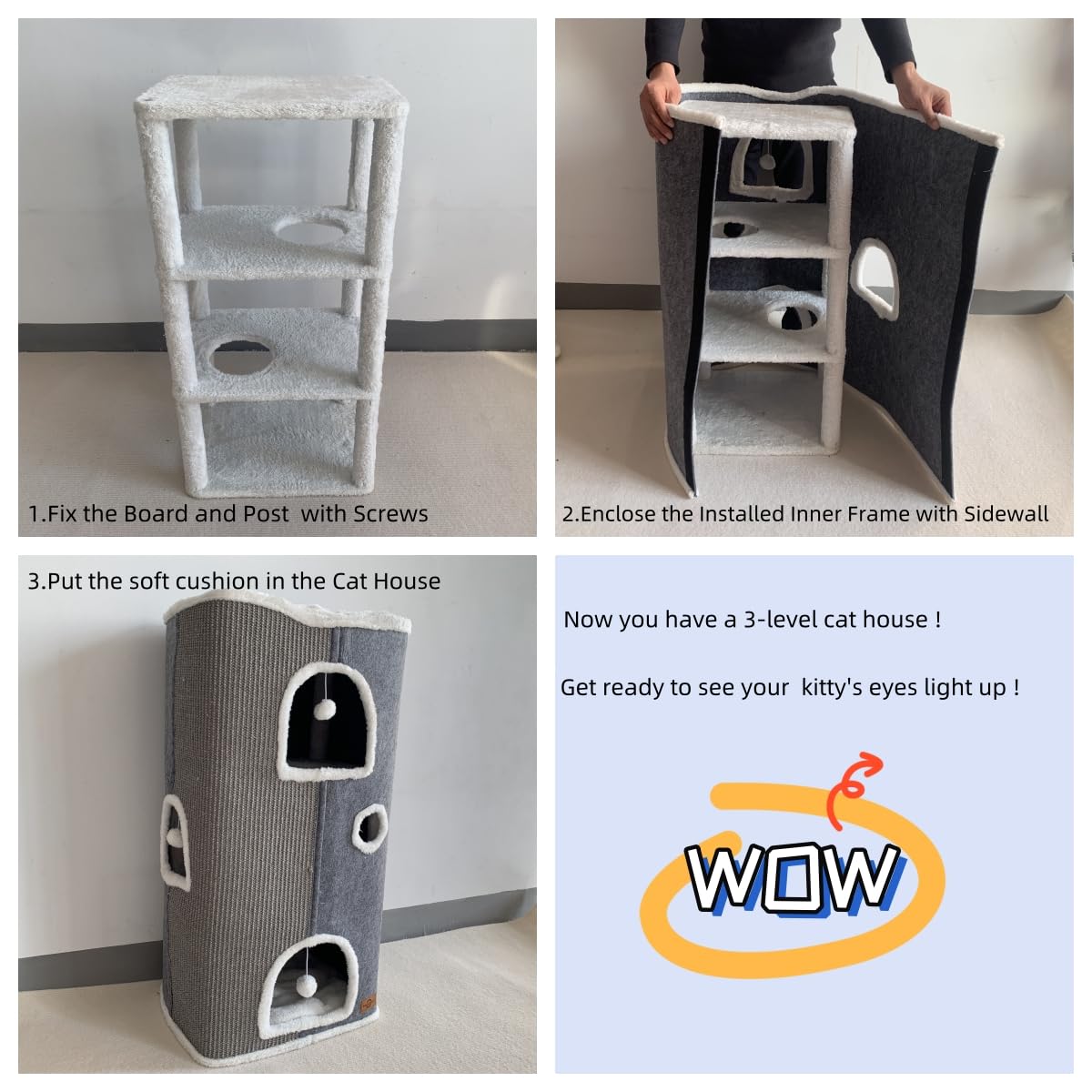 4-Level Cat House For Indoor Cats,Covered Cat Beds And Furniture With Scratch Pad,Hideaway Cave &Cushions,Modern Cat Tower Condo