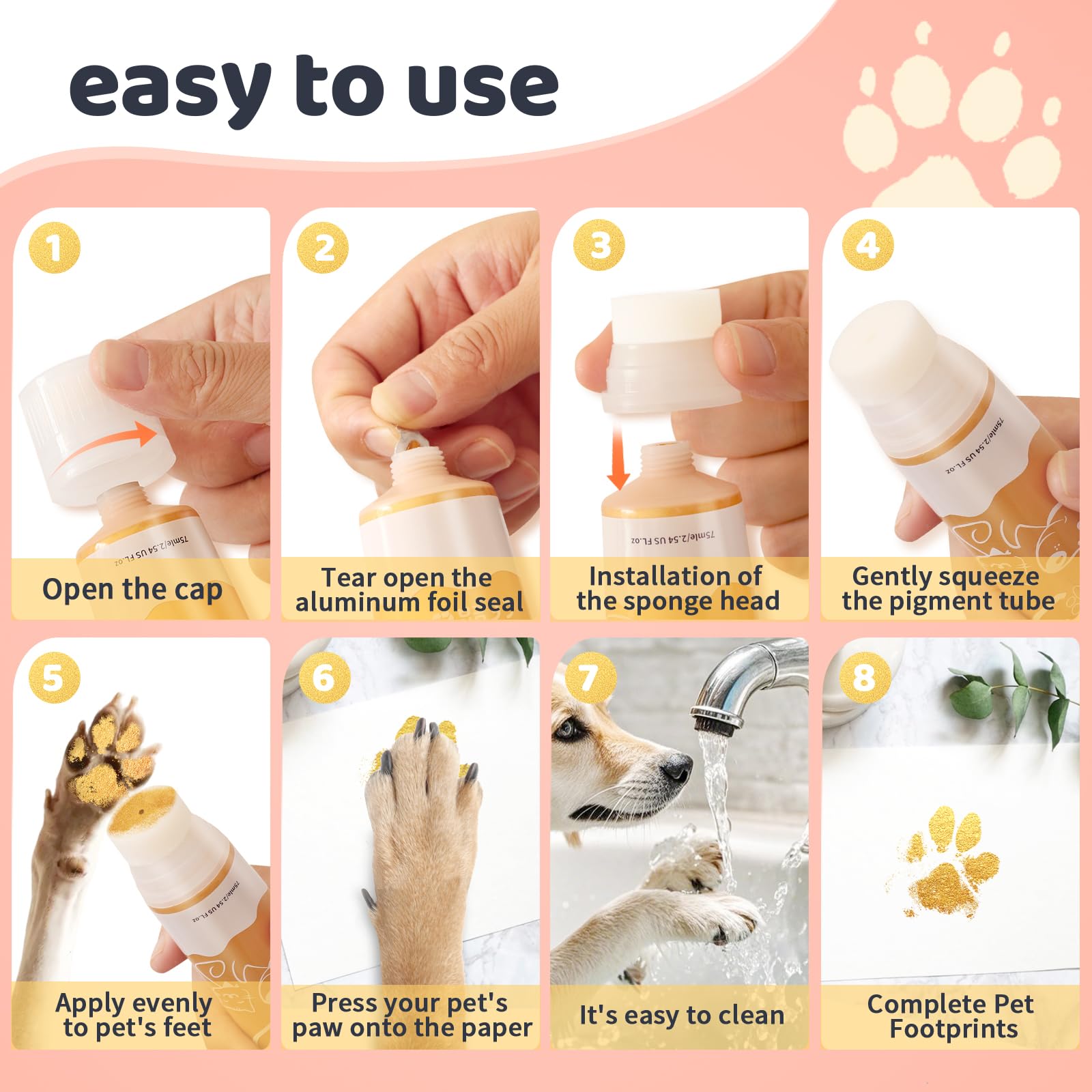 Nabance 2.54 Fl Oz Gold Pet Paw Print Friendly Ink Paint, Dog Cat Paw Print Safe Ink, Non-Toxic Acid-Free, Safe Gentle For Home