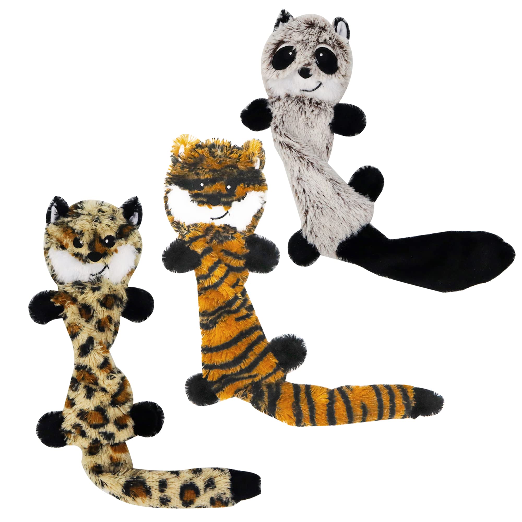 Joytoy Soft Dog Toy Stuffless Pets Toy Sets - Pets Dog Christmas Toy Sets 3 Pack 18 Inch - No Stuffing Puppy Teething Toys(Leopard,Tiger,Raccoon 18 Inch)