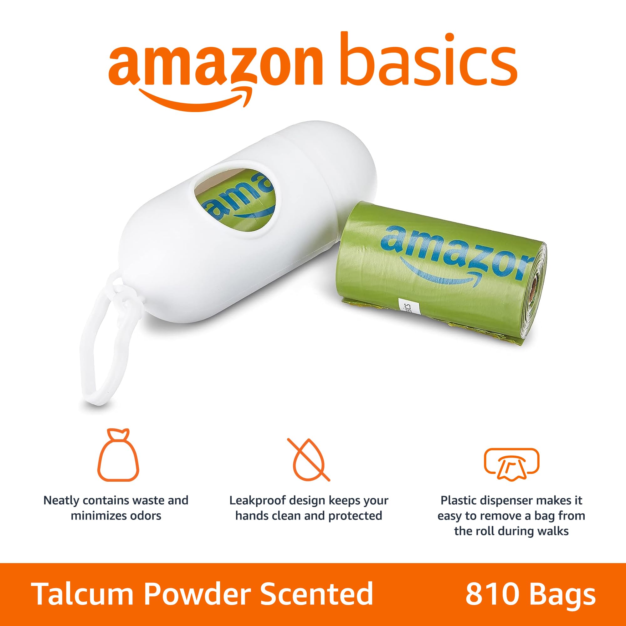 Amazon Basics Dog Poop Bags With Dispenser, 810 Count, Enhanced For Guaranteed Leakproof, Talcum Powder Scented, Includes Leash