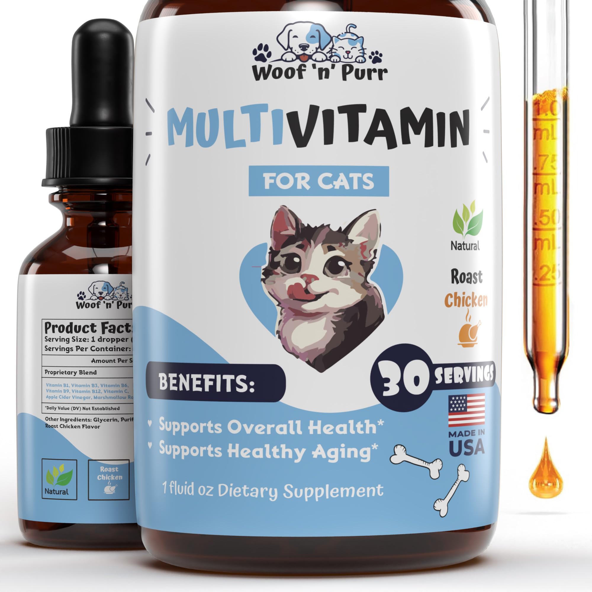 Cat Multivitamin - Promotes Healthy Skin & Coat, Joint Support, Longevity & More - Cat Vitamins - Cat Supplements & Vitamins - C