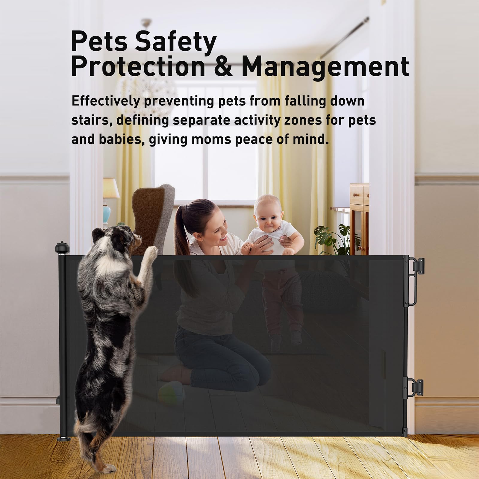 Cumbor Retractable Baby Gates For Stairs, Mom Choice Award Winner-55 Wide Mesh Dog Gate For Doorways, 34' Tall Easy To Use Pet Fence For The House, Toddler Safety Essentials Indoor&Outdoor, Black