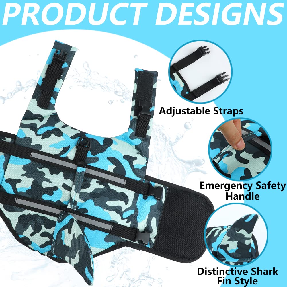 Emust Shark Life Jackets For Dogs, Adjustable Ripstop Dog Life Vest For Water Safety Pet Life Vest With Rescue Handle Safety Vest For Swimming Pool Beach Boating, (L,Blue Camouflage)