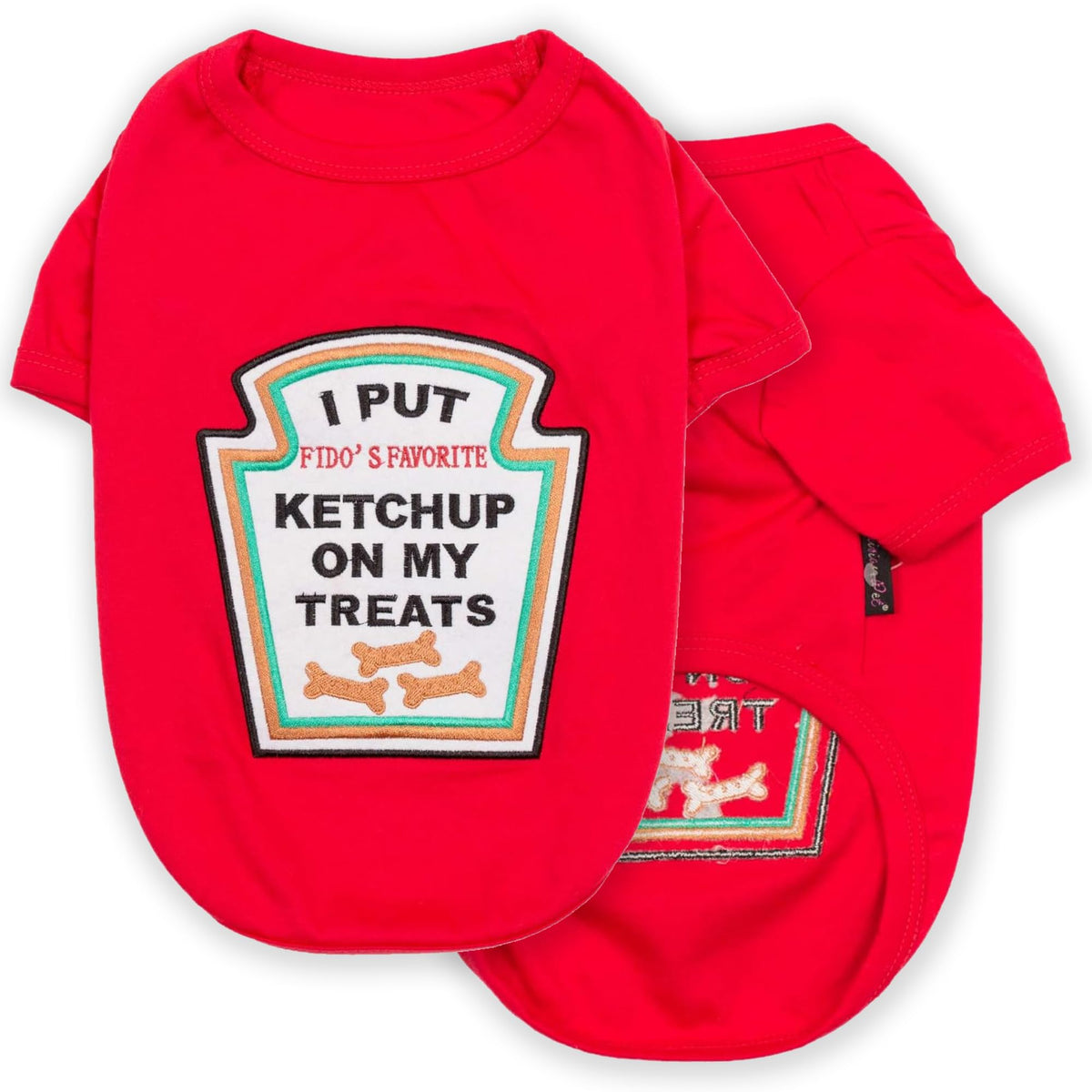 Parisian Pet Dog Shirt - Embroidered “I Put Ketchup On My Treats“ - 100% Cotton And Polyester Dog Clothes - Sleeved, Lightweight Costume For Dogs - Red Dog Shirts For Small Dogs - Pet Costumes - S