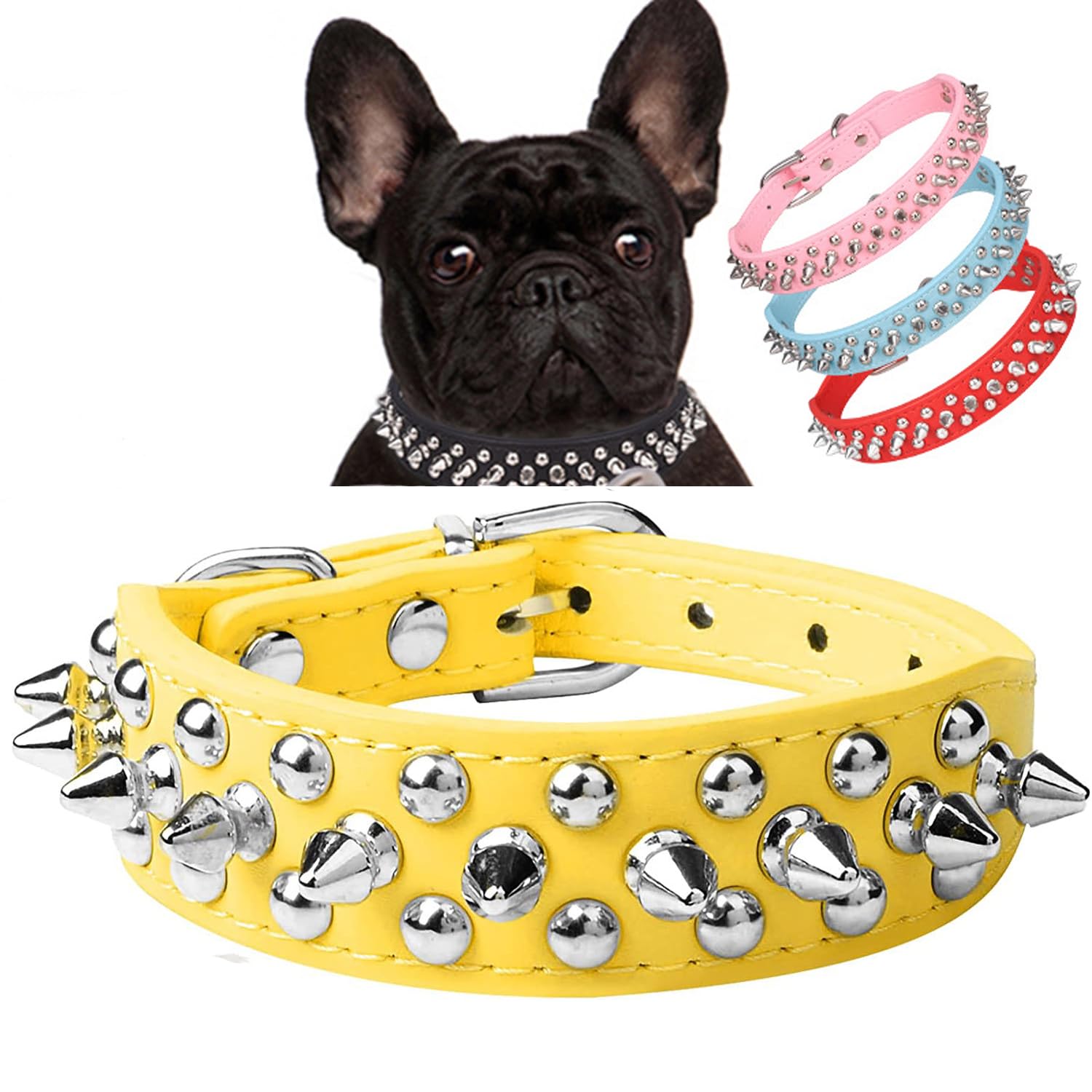 Serijoars Spiked Dog Collar Soft Pu Leather Mushrooms Rivet Spike Studded Dog Collar Adjustable Puppy Collars (M, Yellow)