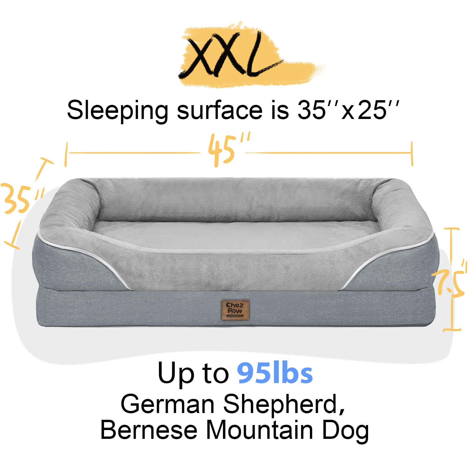 Washable Orthopedic Large Dog Bed - Extra Large Dog Beds With Bolsters Removable Orthopedic Foam Support Dogs Bed Waterproof Cov