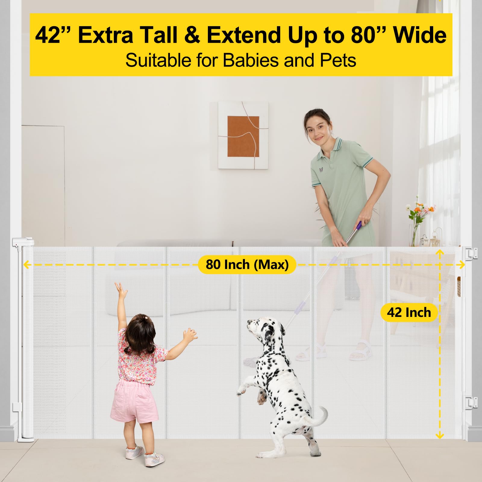 Enhanced 42    Extra Tall & 80    Wide Retractable Baby Gates with Rods to Prevent Crawling Through, Extra Tall Dog Gate for Lar