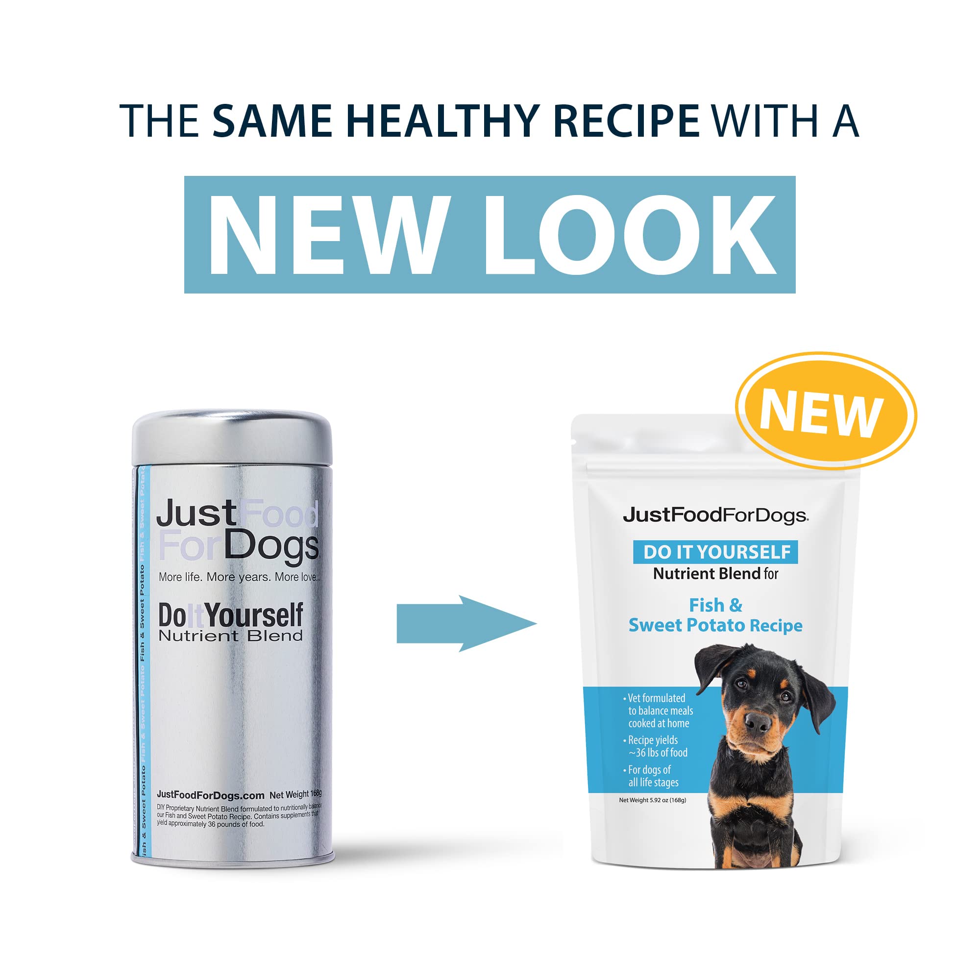 JustFoodForDogs DIY Nutrient Blend for Homemade Dog Food, Fish & Sweet Potato Recipe, 5.92oz
