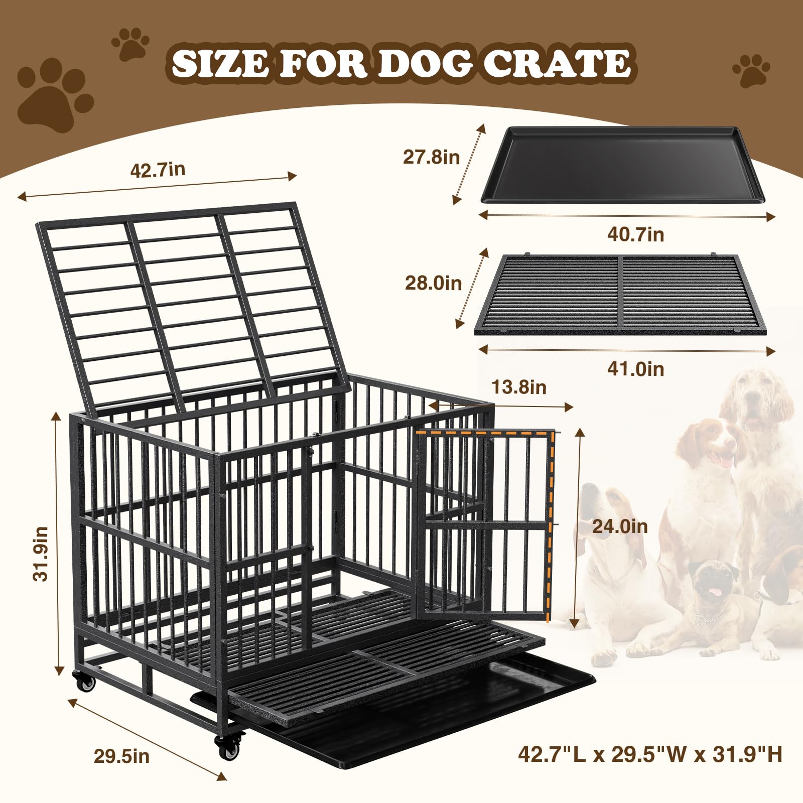 TCMOT Dog Crate with Removable Tray, 37/42/46 Inch Indestructible and Escape Proof Steel Dog Cage Kennel for High Anxiety Dogs,
