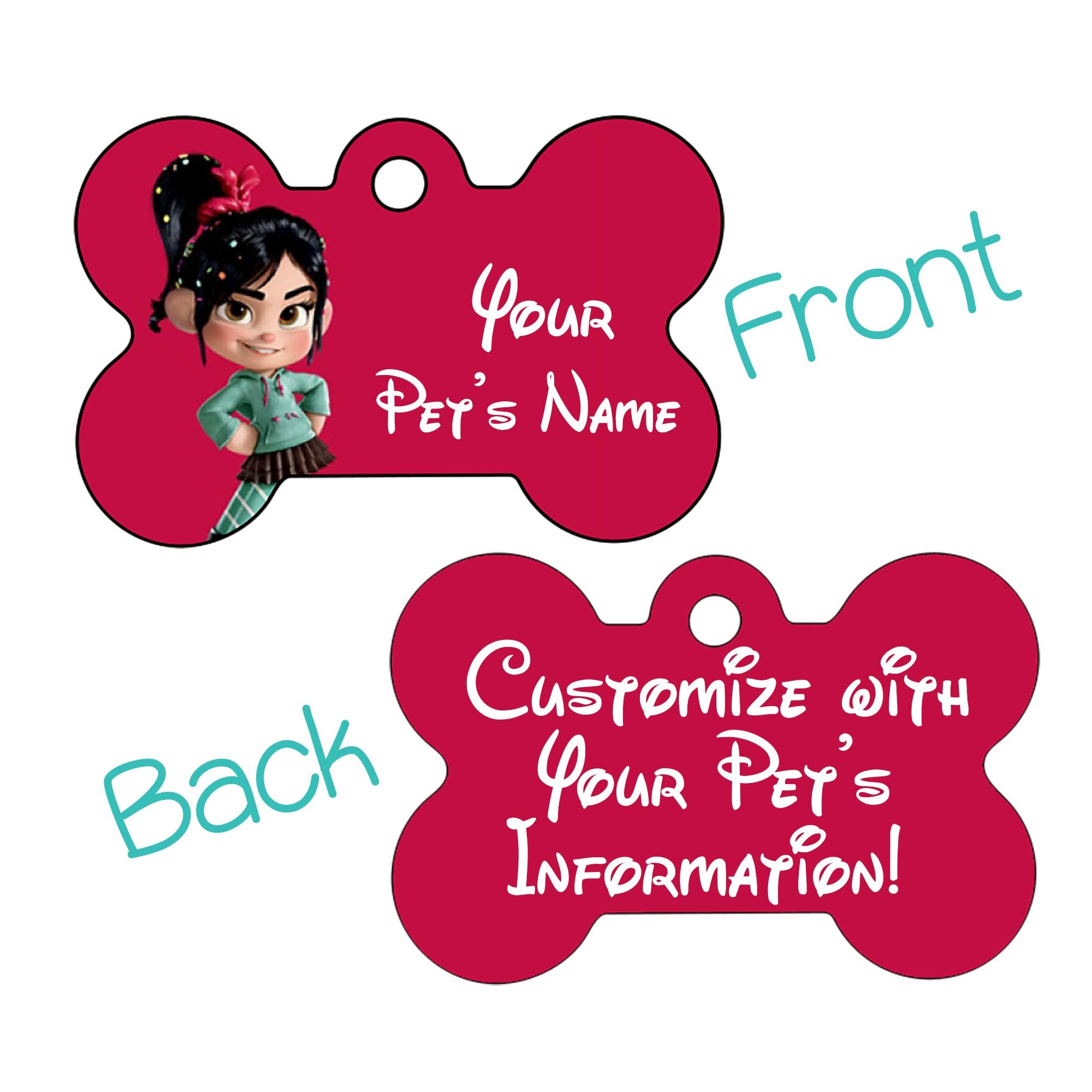 Udesignusa Double Sided Personalized Pet Id Tags For Dogs & Cats (Vanellope Von Schweetz, Bone Shaped)