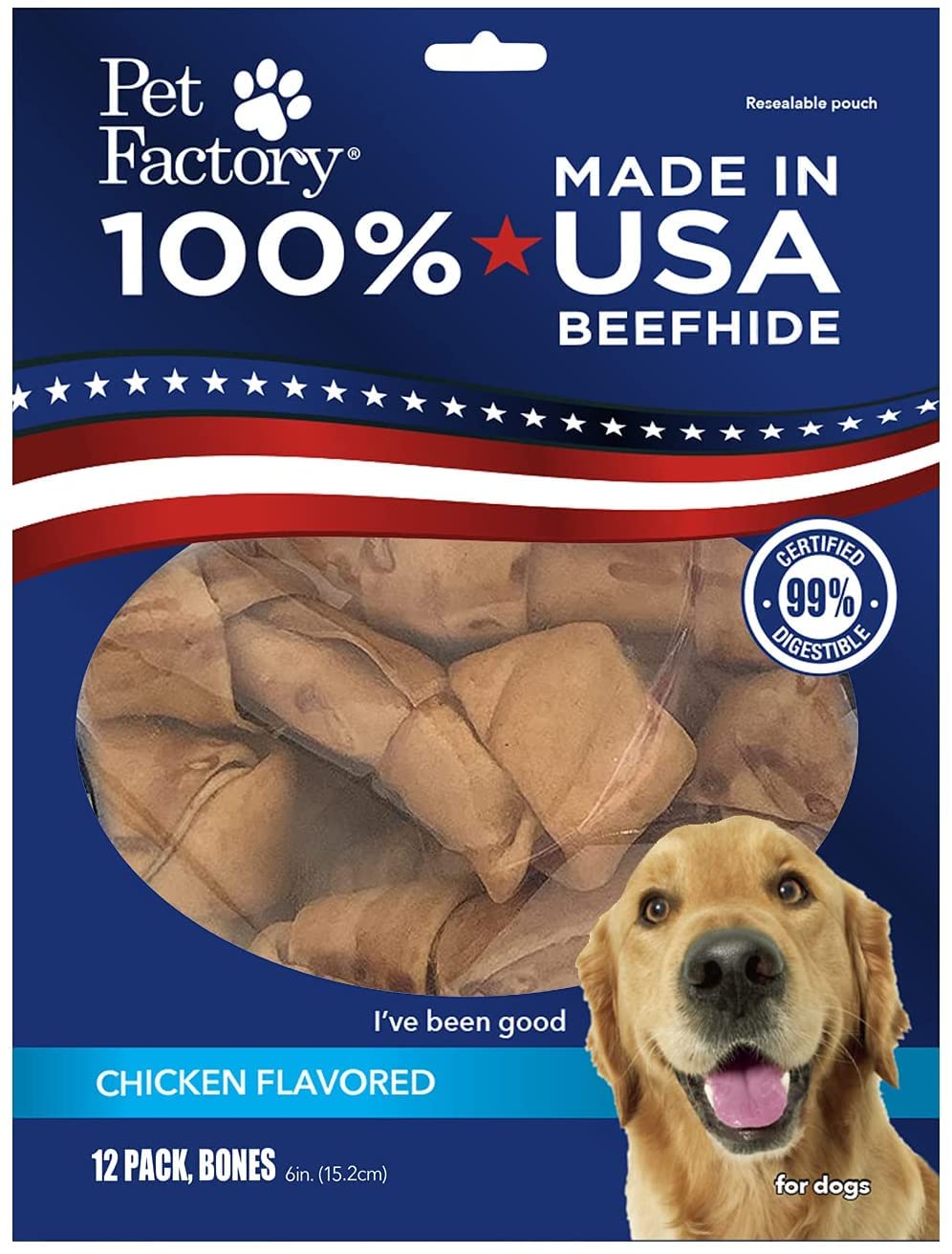 Pet Factory 100% Made in USA Beefhide 6 Knotted Bones Dog Chew Treats - Chicken Flavor, 12 Count/1 Pack