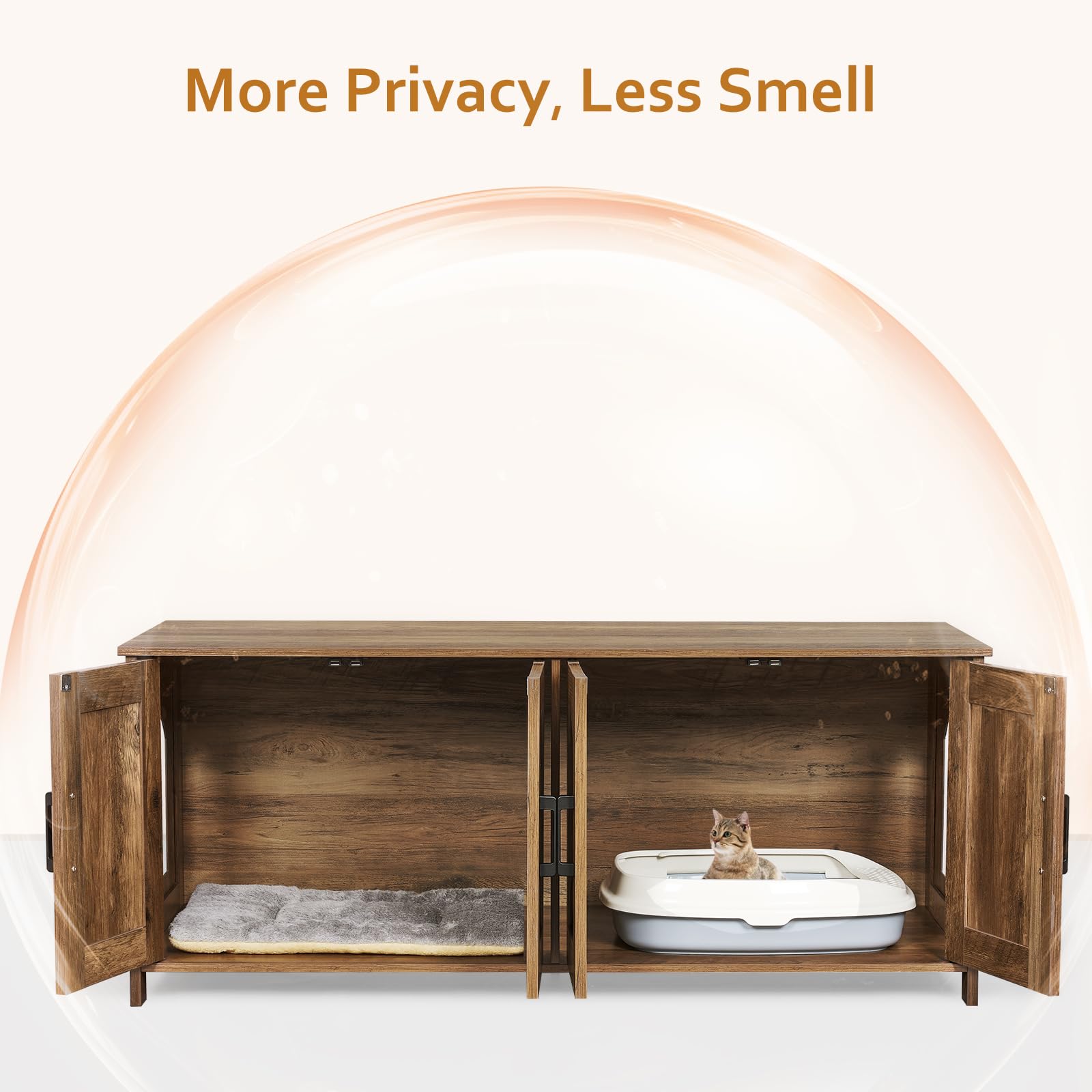 Homhedy Cat Litter Box Enclosure For 2 Cats, Wooden Pet Washroom Furniture With Double Room, Cat House, 47.2   L X 19.7   W X 19