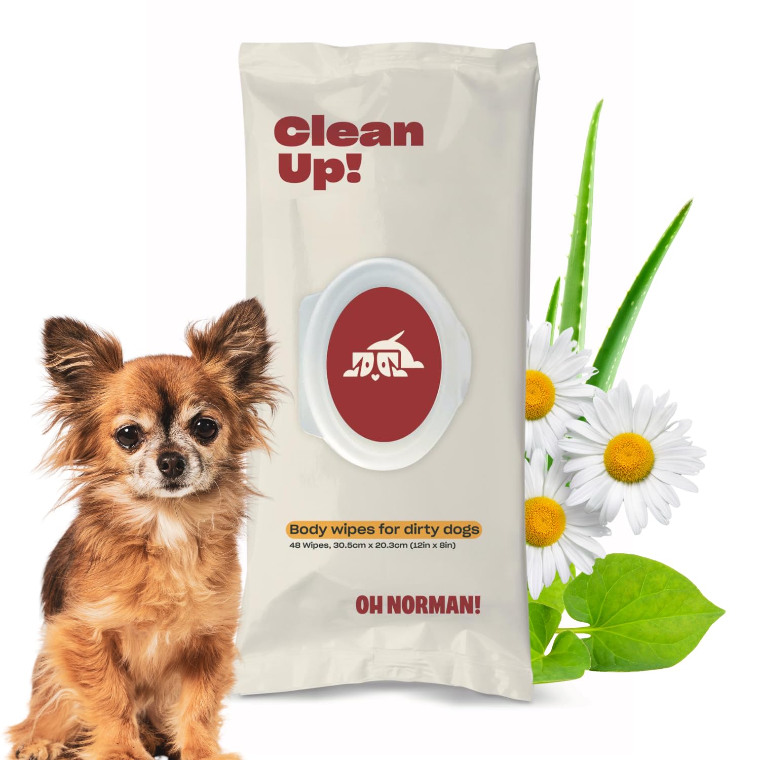 Oh Norman! Clean Up Body Wipes For Dogs By Kaley Cuoco, Gentle Pet Grooming Wipes, Plant-Based And Unscented, 48 Count
