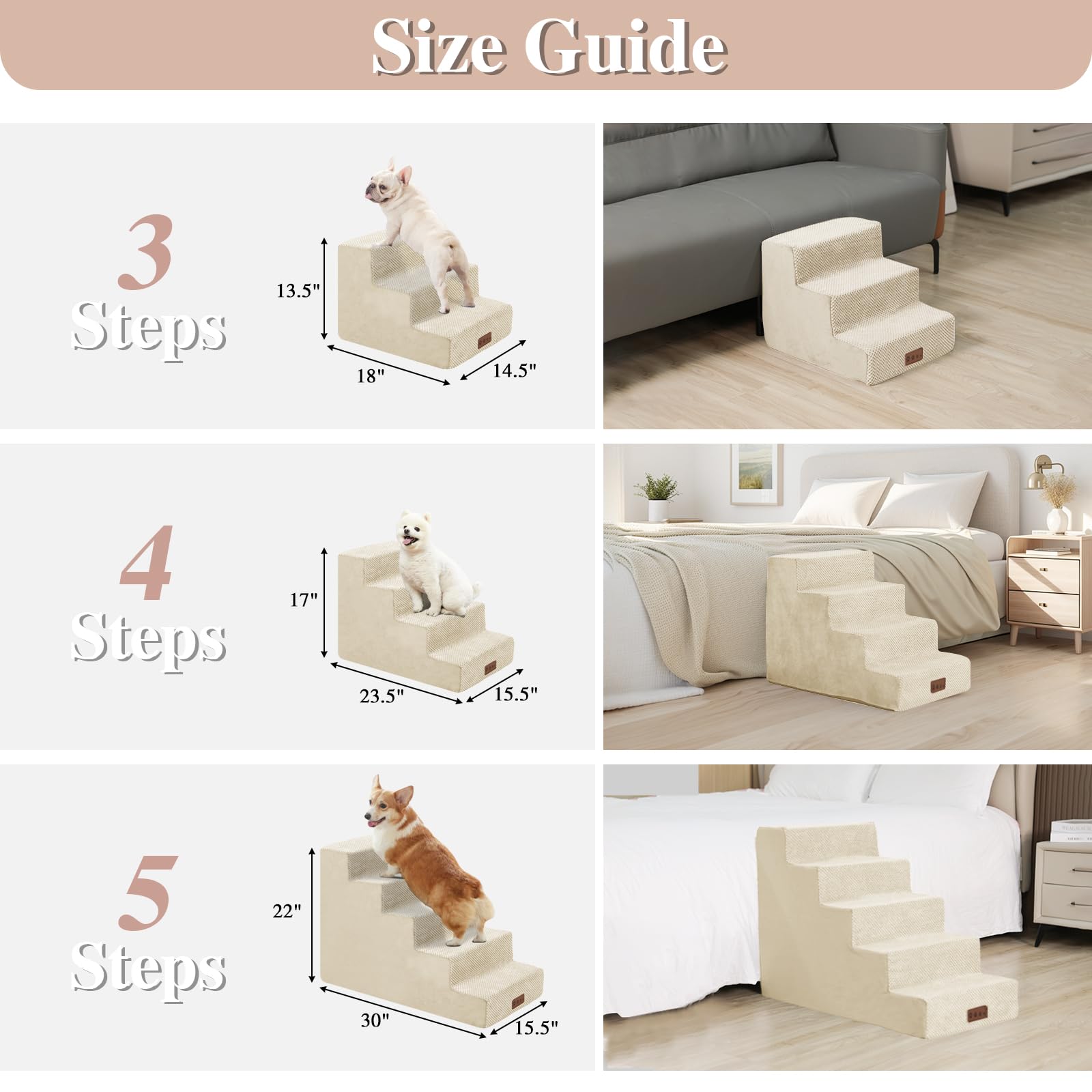 GGIB Dog Stairs for Small Dogs Pet Stairs for Sofa Couch Dog Ramp Pet Steps with Removable Washable Cover, Beige, 22'' H, 5-Step