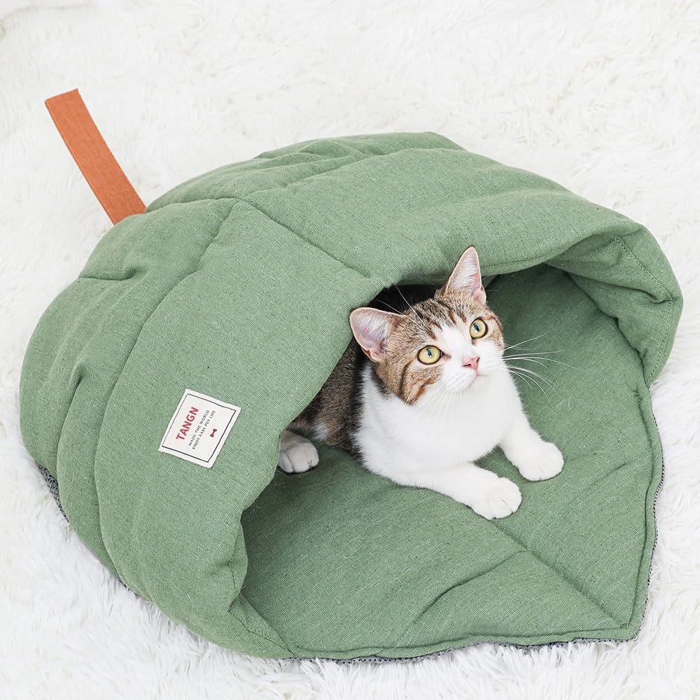 Cat Sleeping Bag,Linen Fabric Cat Bed Cave Leaf Nest Pet Cuddle Zone Covered Hide Hood Burrowing Cozy Soft Durable Washable with