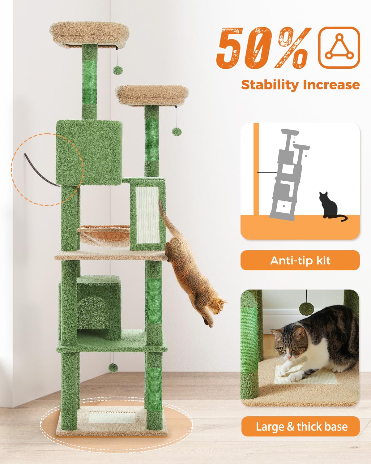 Muttros Cactus Cat Tree, 70.9'' Tall Cat Tree For Indoor Cats, Large Cat Tree For Large Cats, Multi-Level Tall Cat Tower With 6