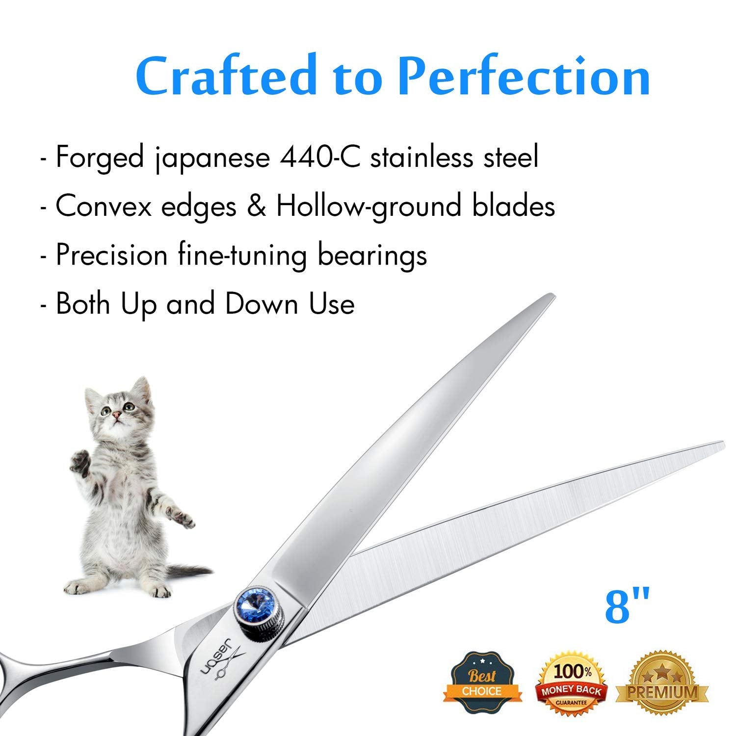 8' Curved Dog Grooming Scissors Ergonomic Pets Cats Trimming Shears With Offset Handle And A Jewelled Screw For Right Handed Groomers Long Sharp Comfortable Light-Weight