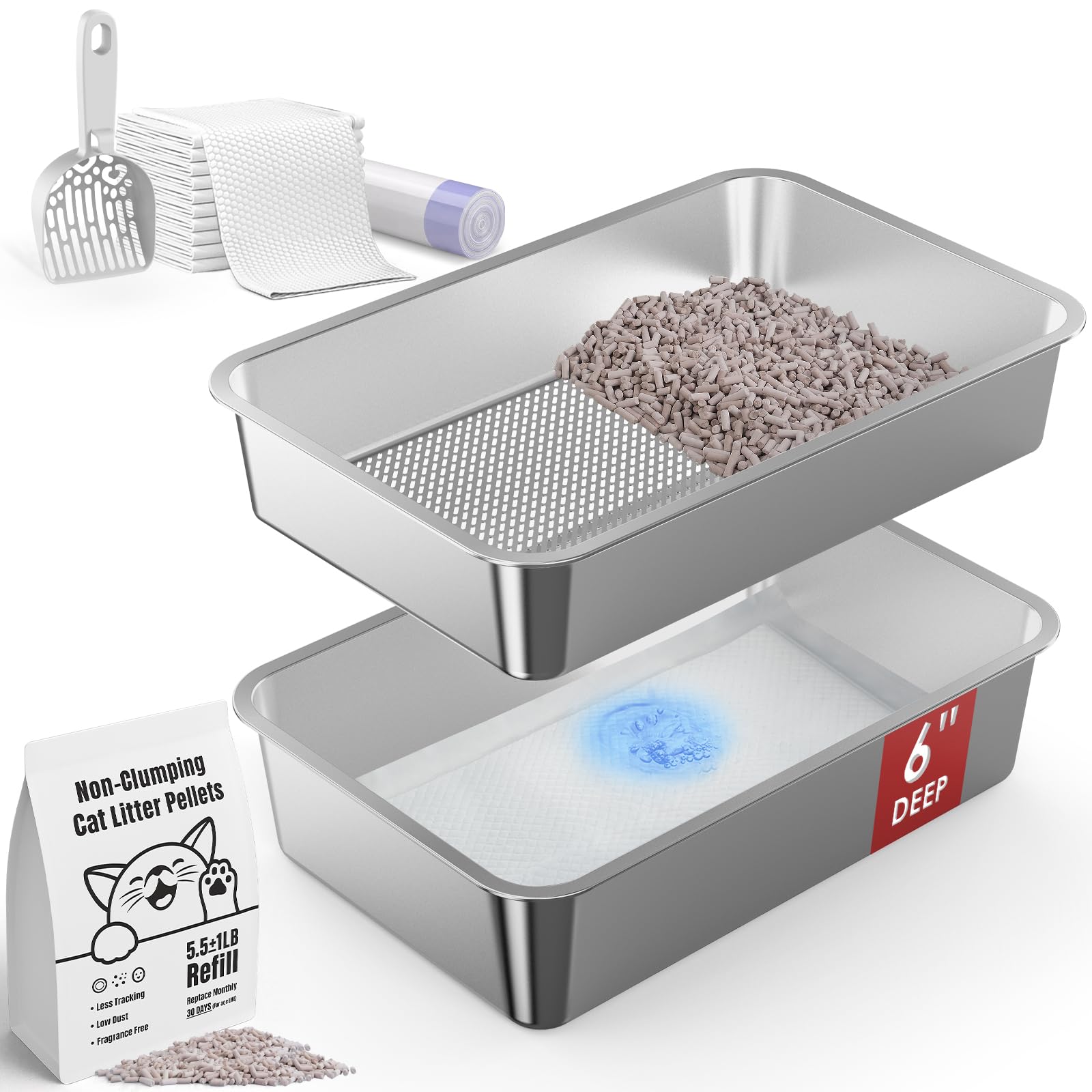 23.6   X15.7   X6    Suzzipaws Stainless Steel Sifting Litter Box For Pine Pellets, Xl Open Top Metal Cat Litter Box For Big Cat