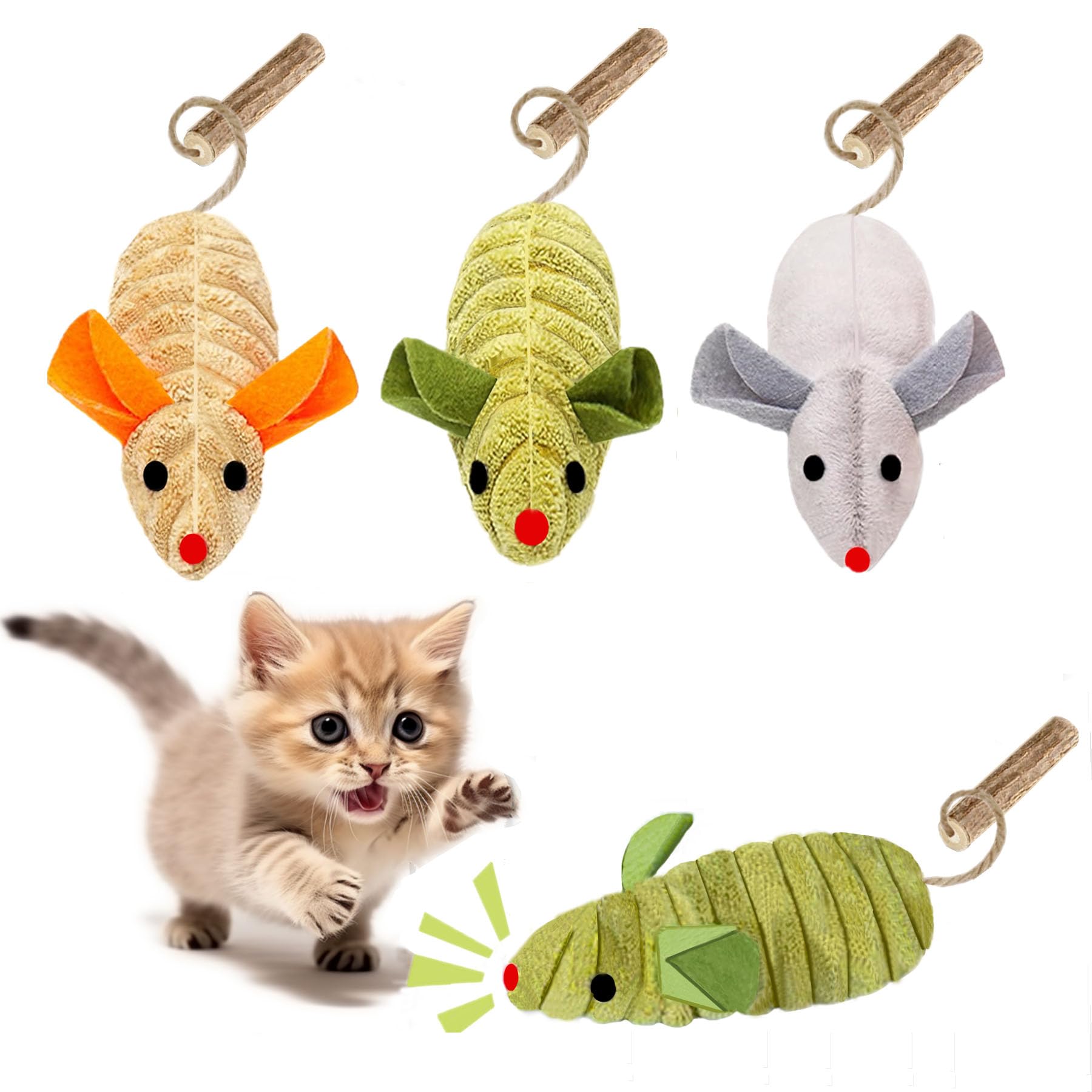 Grembeb Cat Toys, 3 Mice Catnip Toy Crinkle Sound For Indoor Cat With Silvervine Chew Stick For Dental Chirping Mouse Plush Kitt