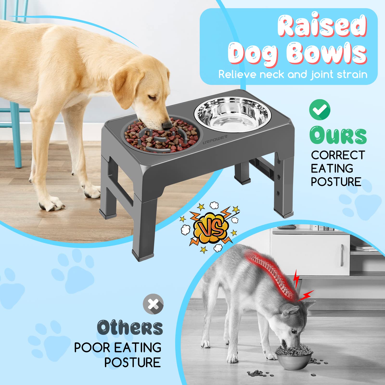 URPOWER Raised Slow Feeder Dog Bowls 4 Height Adjustable Elevated Dog Bowls with Stainless Steel Dog Water Bowl and Dog Slow Fee