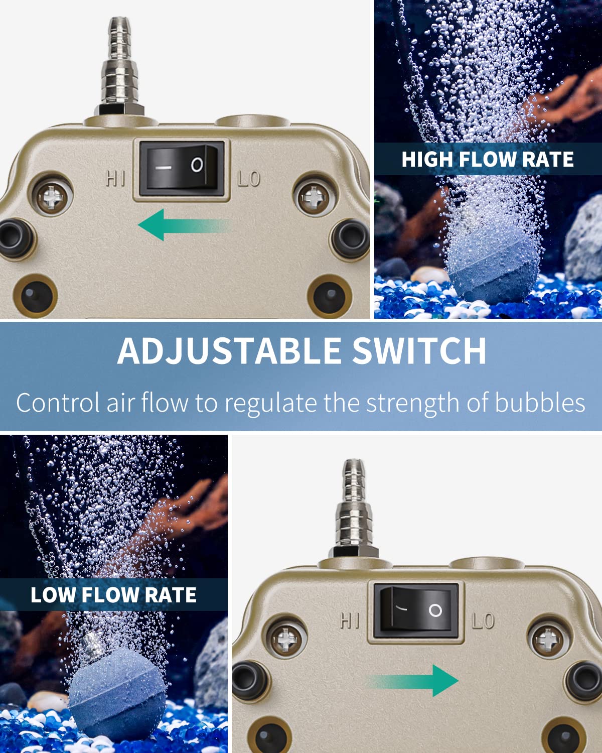 Pawfly 254 Gph Aquarium Air Pump Adjustable Quiet Oxygen Aerator Pump With Multi-Port Air Flow Control Lever Valve Splitter And Airline Tubing For Fish Tanks Ponds And Dwc Systems Up To 300 Gallons