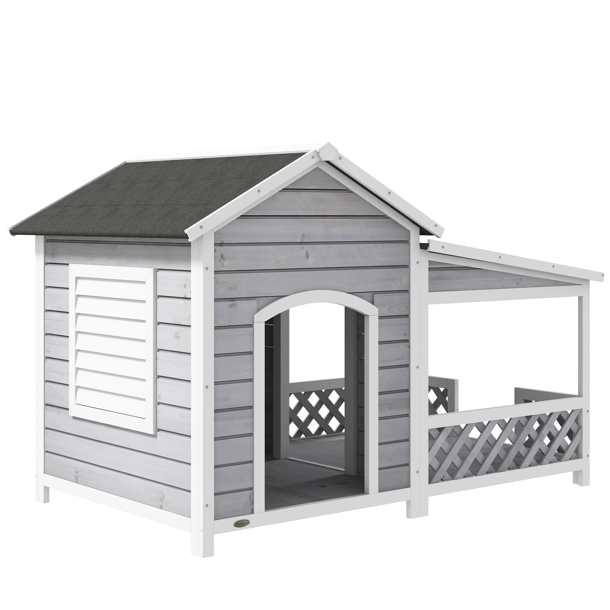 Pawhut Wooden Dog House Outdoor With Porch, Cabin Style Raised Dog Shelter With Asphalt Roof, Doors, And Shutter Window, For Med