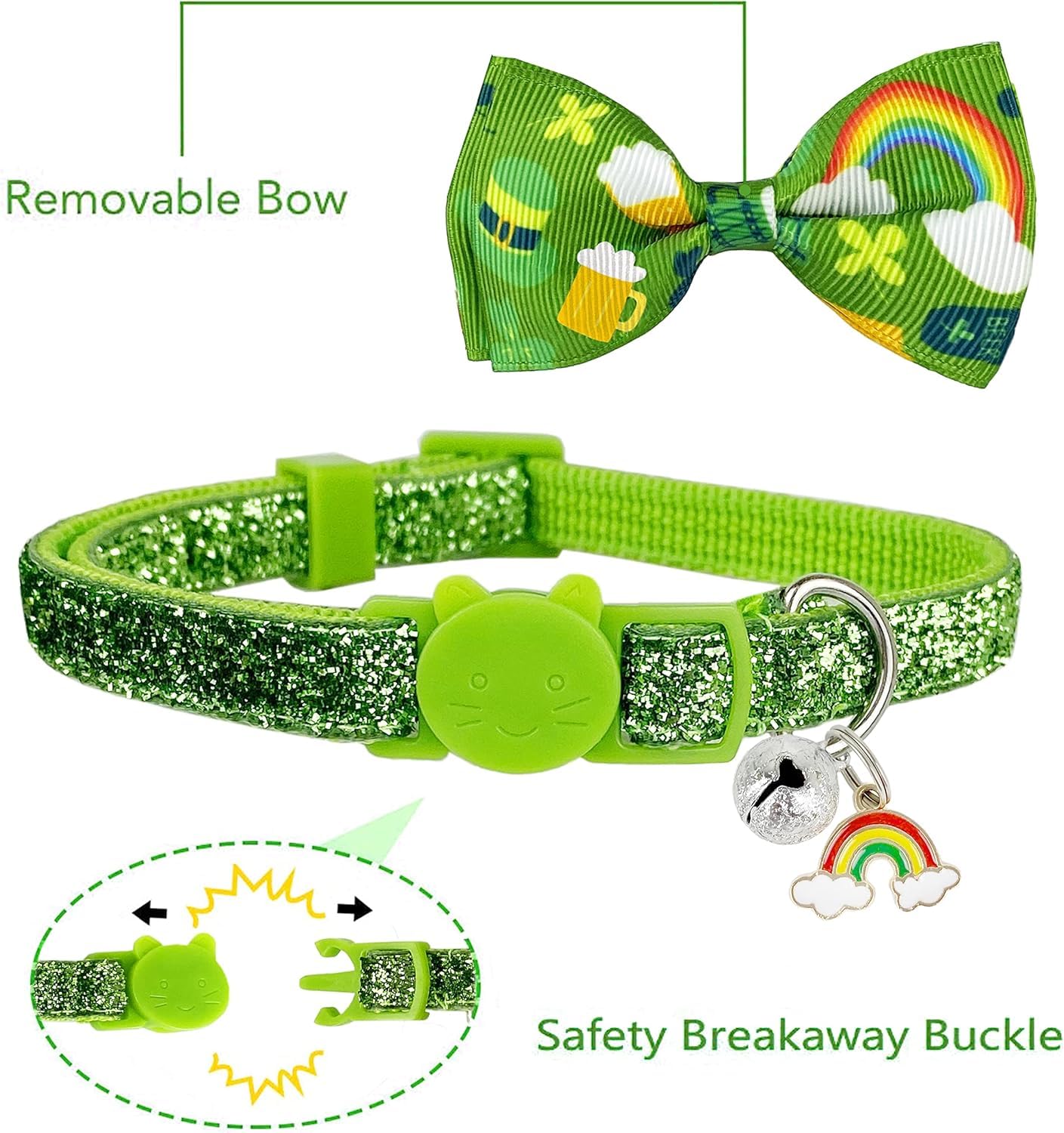 Pohshido St. Patrick'S Day Cat Collar With Bow Tie And Bell, 2-Pack Breakaway Adjustable Lucky Shamrock And Rainbow Kitty Collar