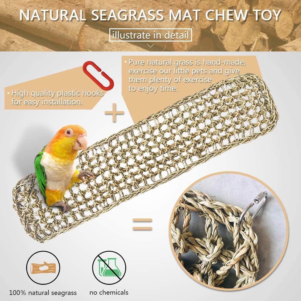 2Pcs Bird Seagrass Mat 29.5  7'' Natural Grass Woven Net Hammock With Hooks Climbing Rope Ladder Chew Toys Hanging On Parrot Cag