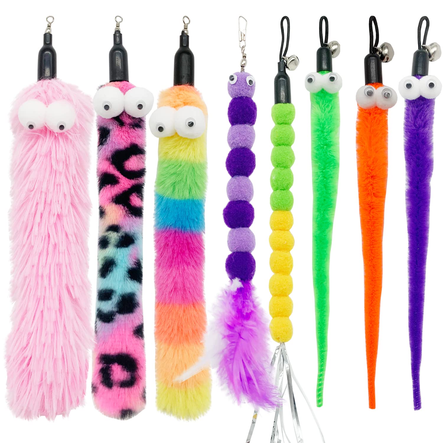 Cateness Cat Worm Toy Refills Cat Wand Replacement Worms, 8 Pcs Worms Cat Toy,Cat Wand Attachments Assorted Teaser Worms For Cat