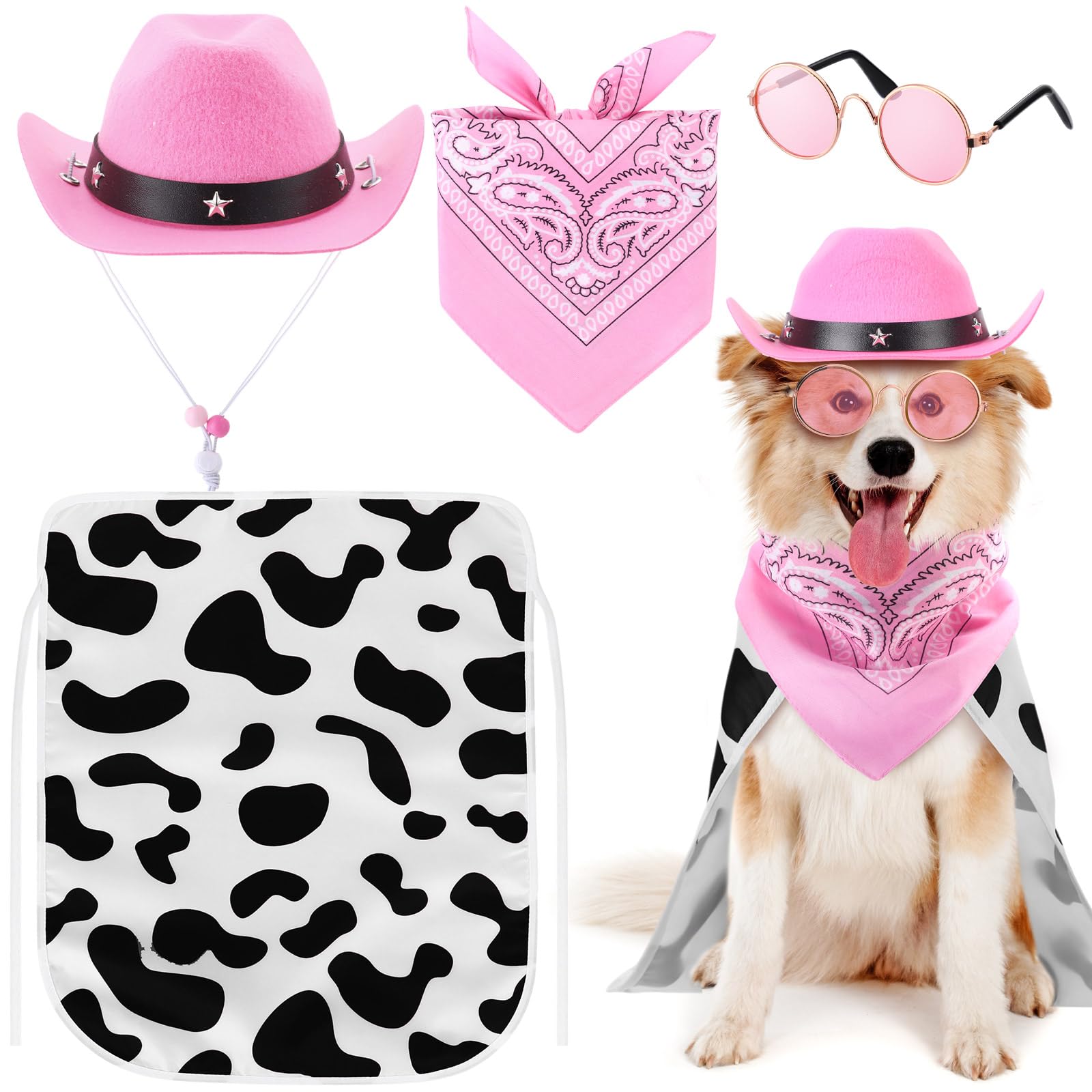 Huhumy 4 Pcs Dog Cowboy Costume Set Includes Pet Cowboy Hat, Triangle Bandana, Puppy Cape and Hiphop Glasses for Halloween Dog C