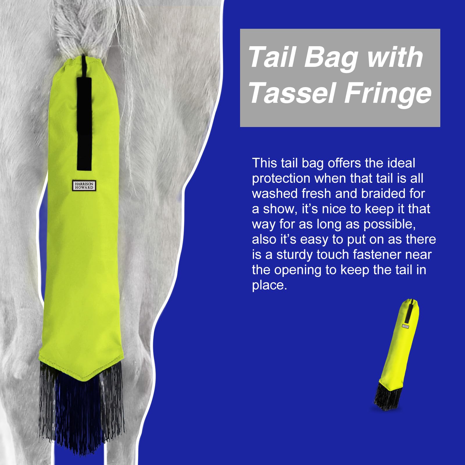 Harrison Howard Smooth Lightweight Adjustable Fastener Nylon Horse Tail Bag With Fringe-Fluorescent Green