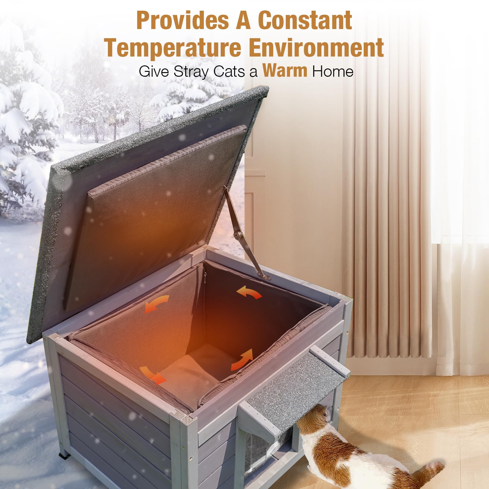 Outdoor Heated Cat House, Cat Shelter For Outside With Insulated Liner, Warming Cold Weather House For Winter