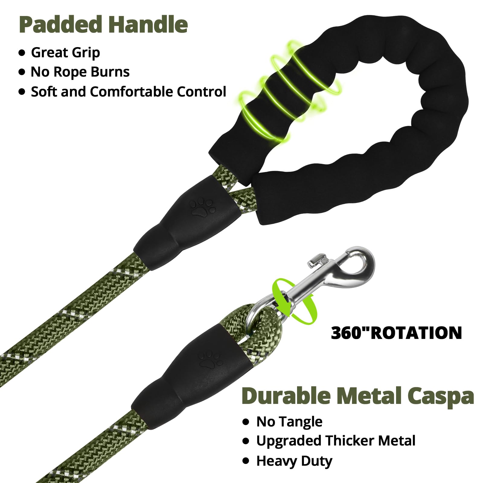 Jenico Rope Dog Leash 6Ft: Heavy Duty Nylon Leashes With Swivel Lockable Hook Reflective Threads Bungee And Padded Handle - Dog