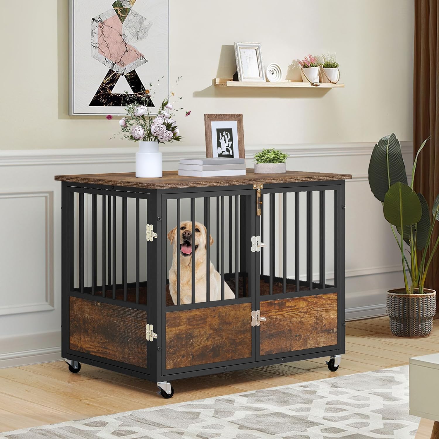 YITAHOME Rustic Heavy Duty Dog Crate Furniture with Wheels, Double-Doors Metal Dog Kennel Indoor for Small Medium Dogs, Decorati